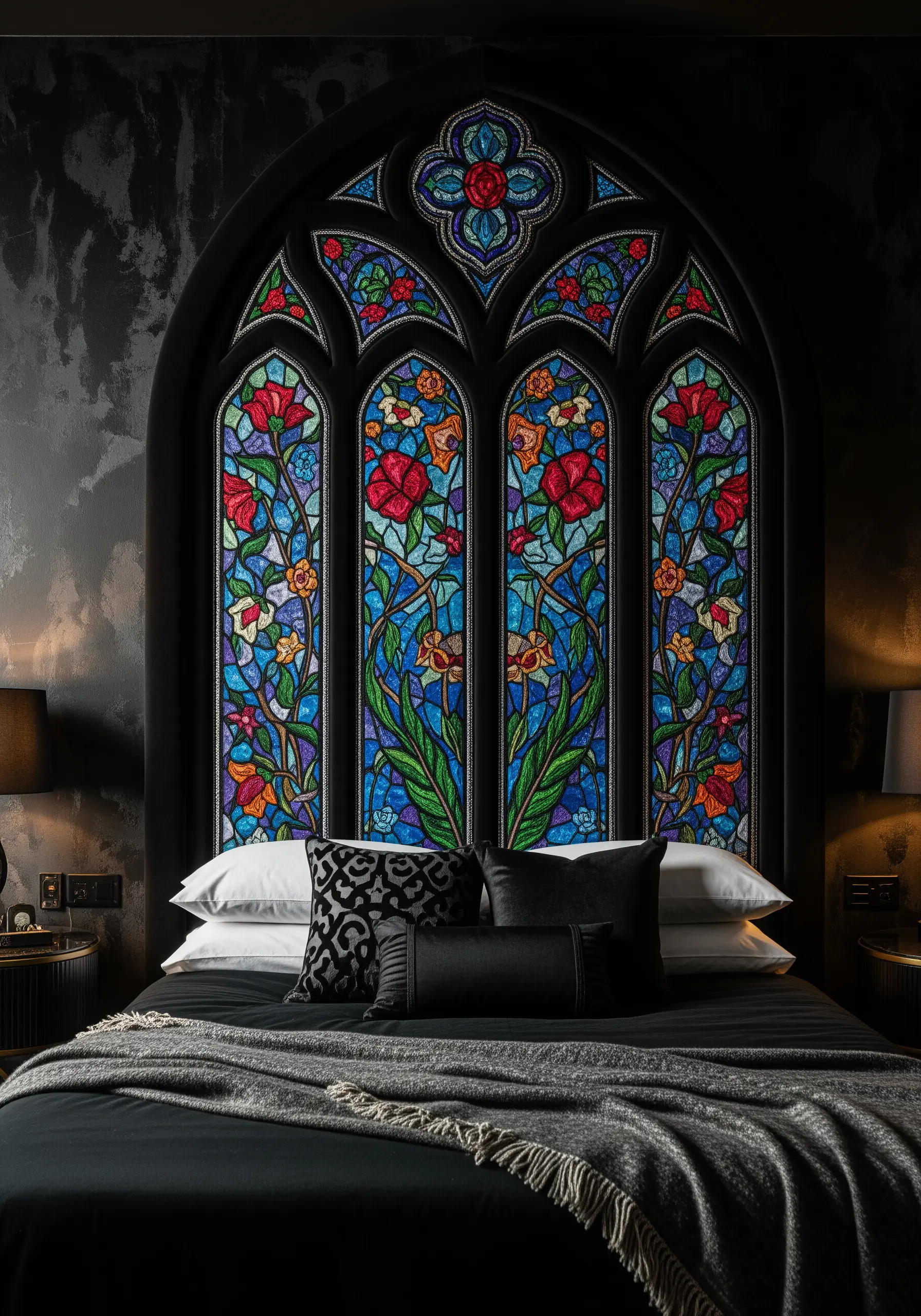 A headboard shaped like a gothic arch with floral embroidery that mimics a stained glass window.