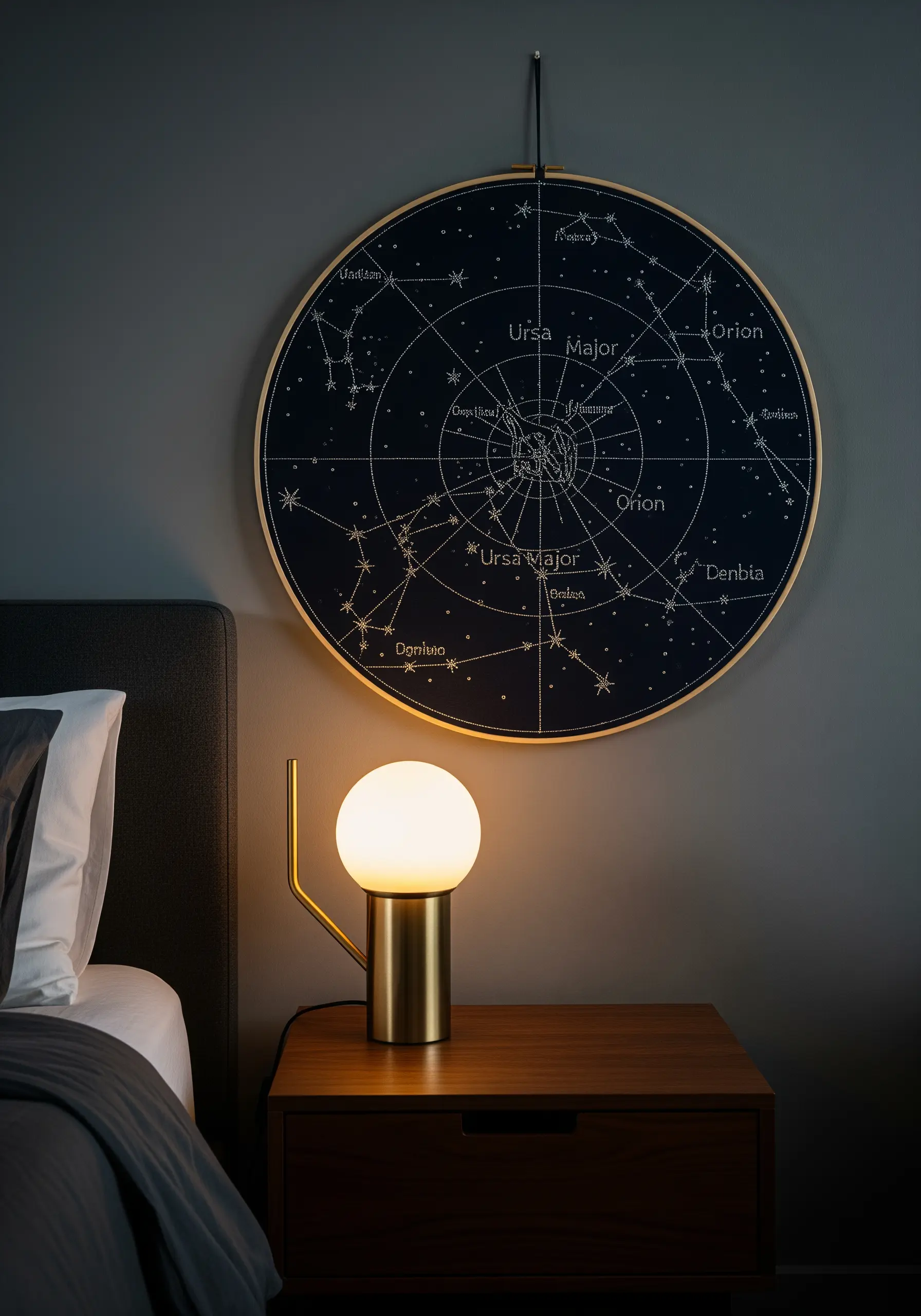 Embroidered constellation map on dark blue fabric hanging above a bed.