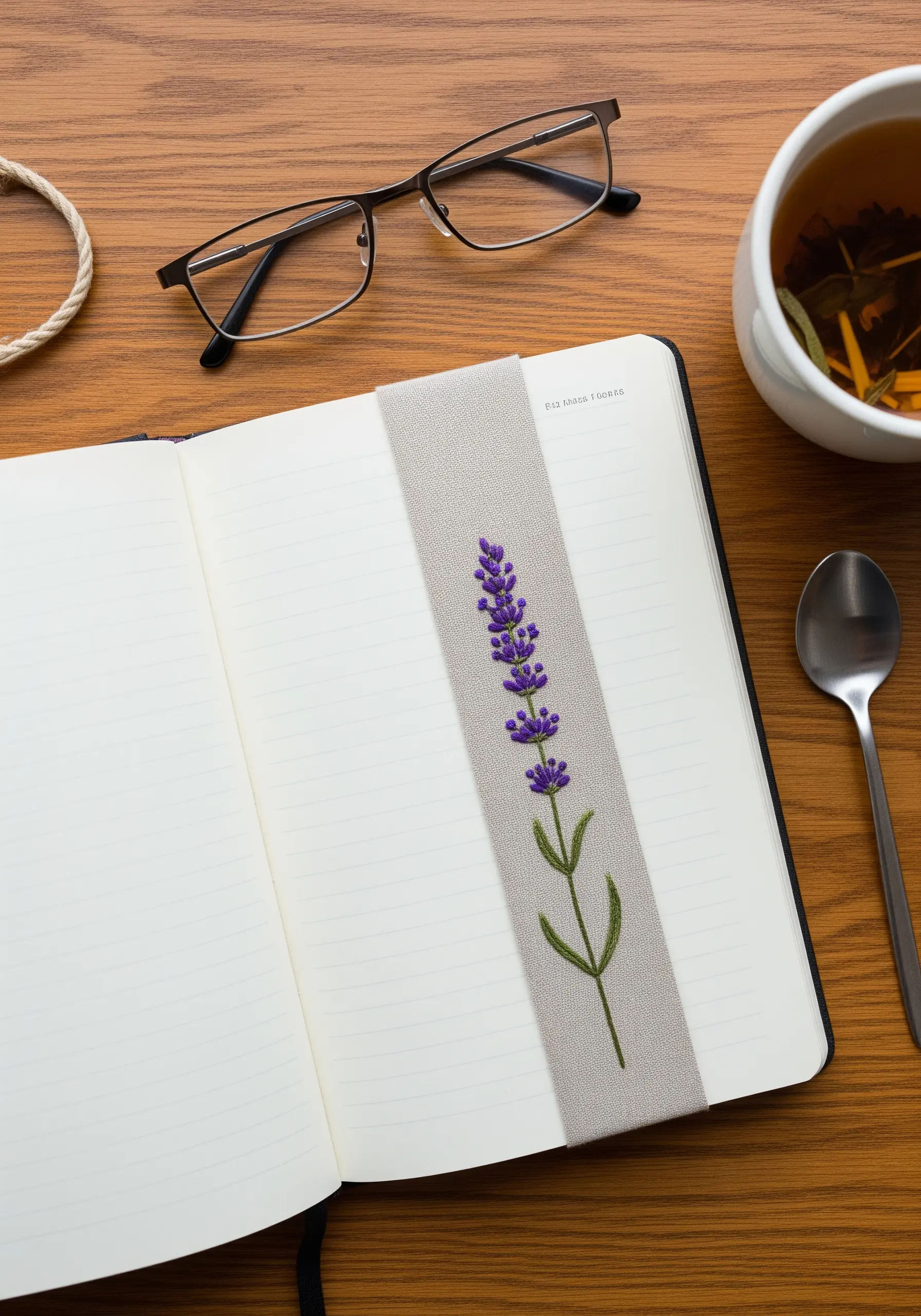A lavender sprig embroidered onto a grey elastic bookmark placed inside an open book.
