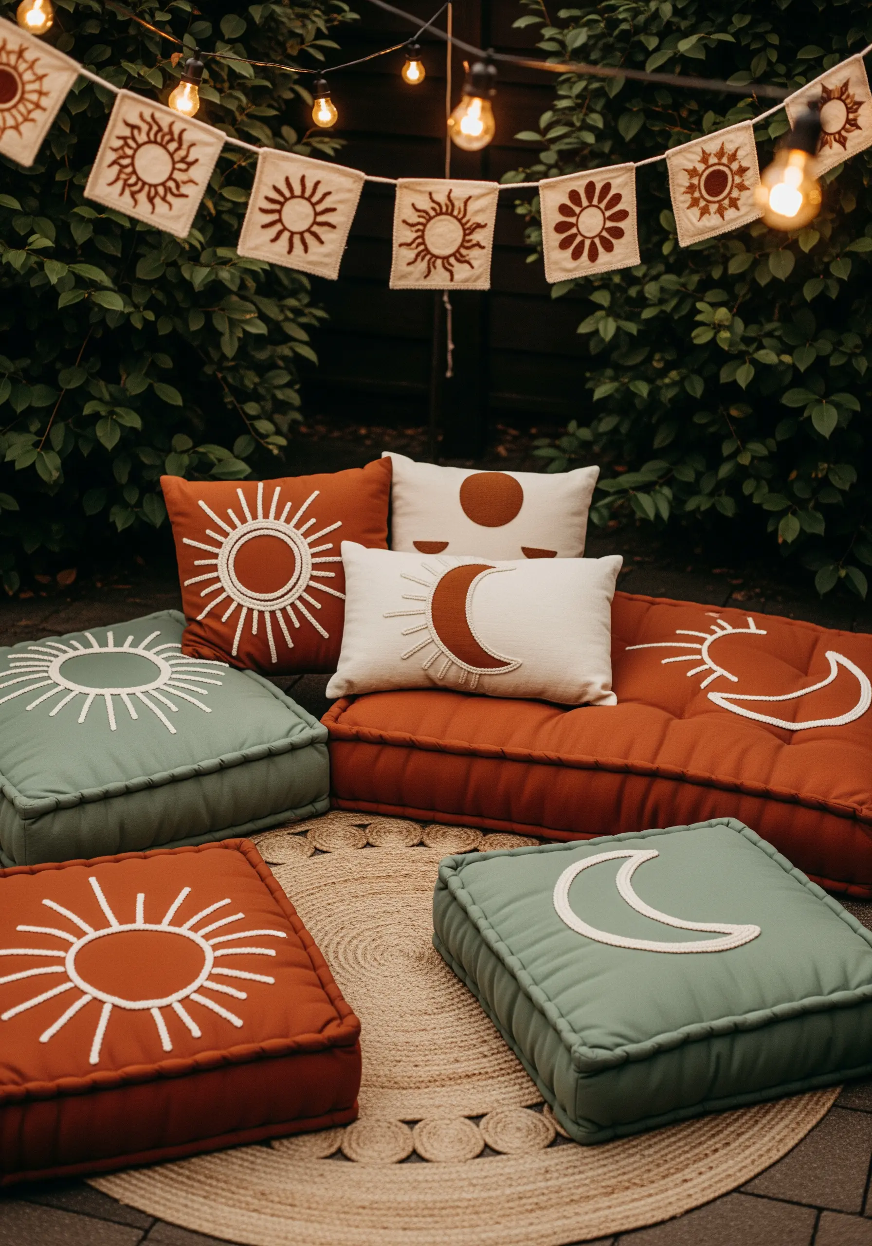 Boho-inspired outdoor seating with embroidered sun and moon cushions and a matching banner.