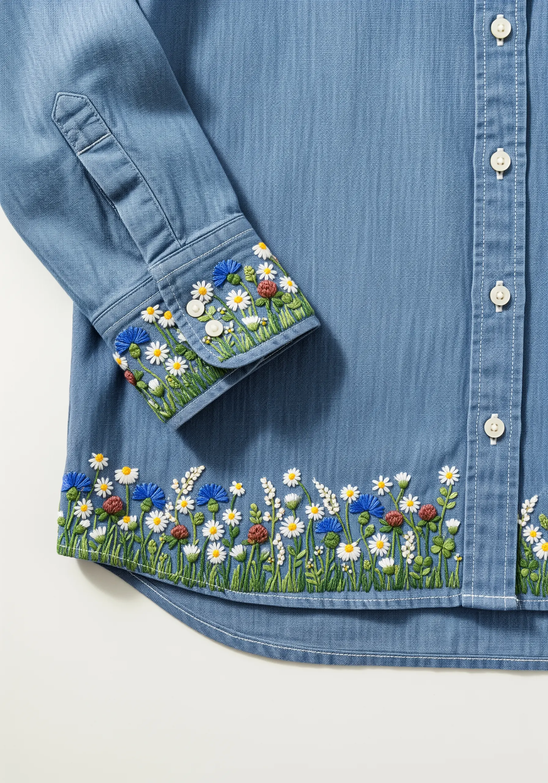 Dense wildflower meadow embroidery on the cuffs and hem of a chambray shirt