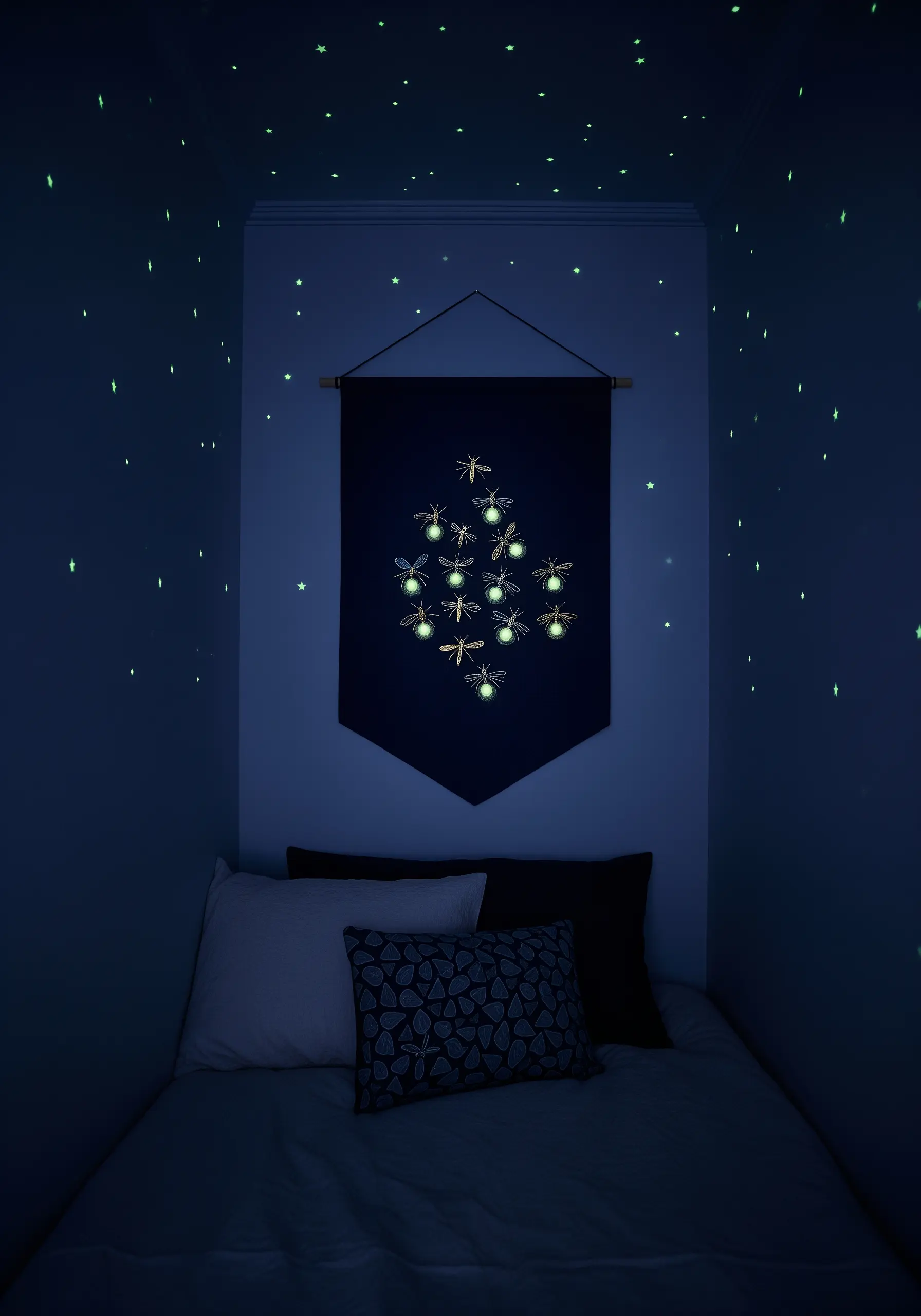 A dark wall banner with embroidered fireflies; their bodies are glowing green in the dark room.