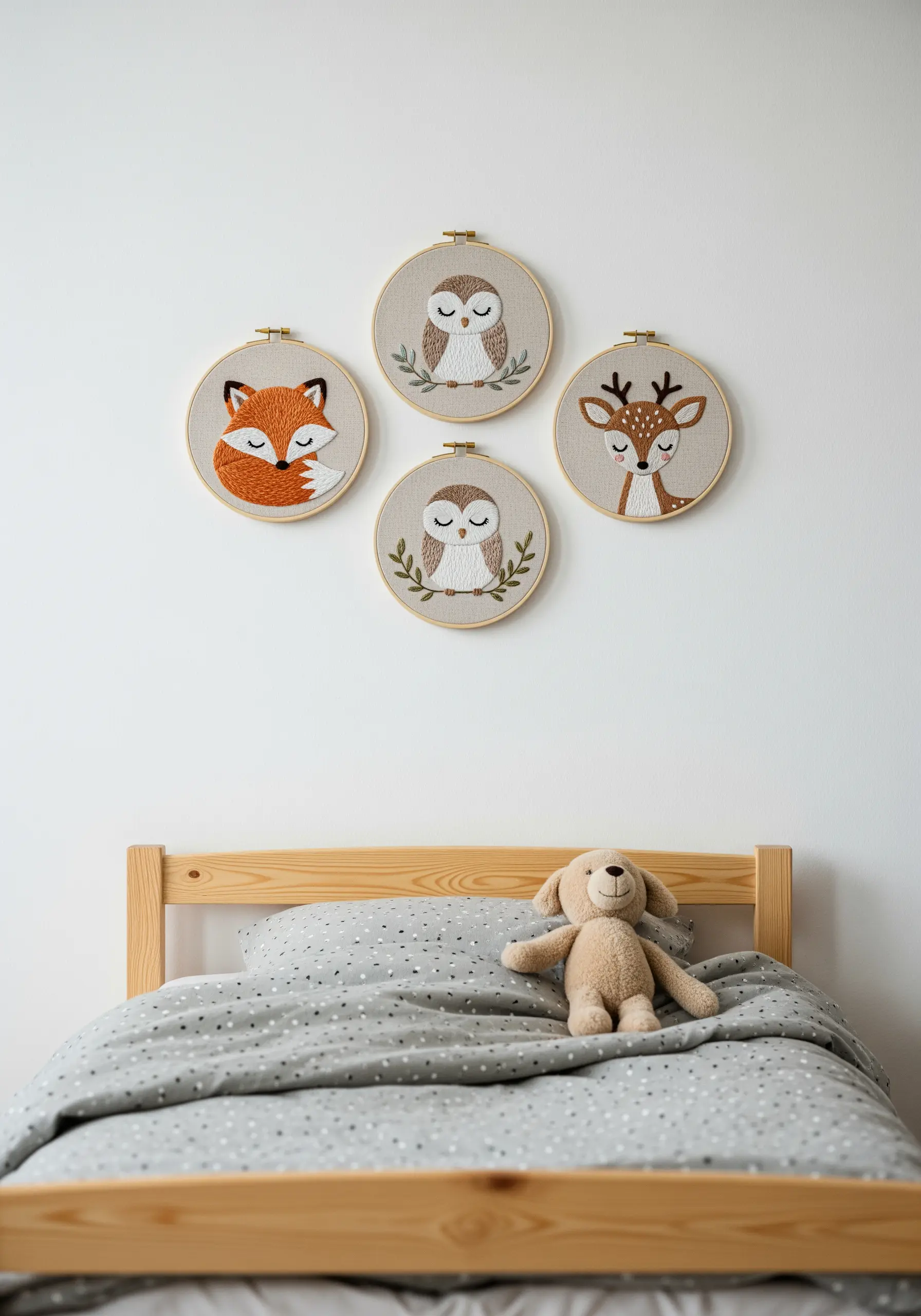 A set of four small embroidery hoops with cute, sleeping woodland animals: a fox, owl, and deer.
