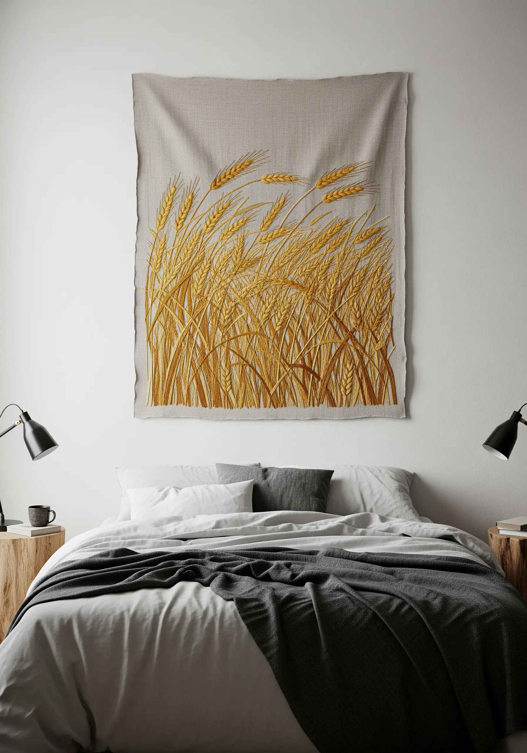A large linen wall hanging embroidered with a field of golden wheat.