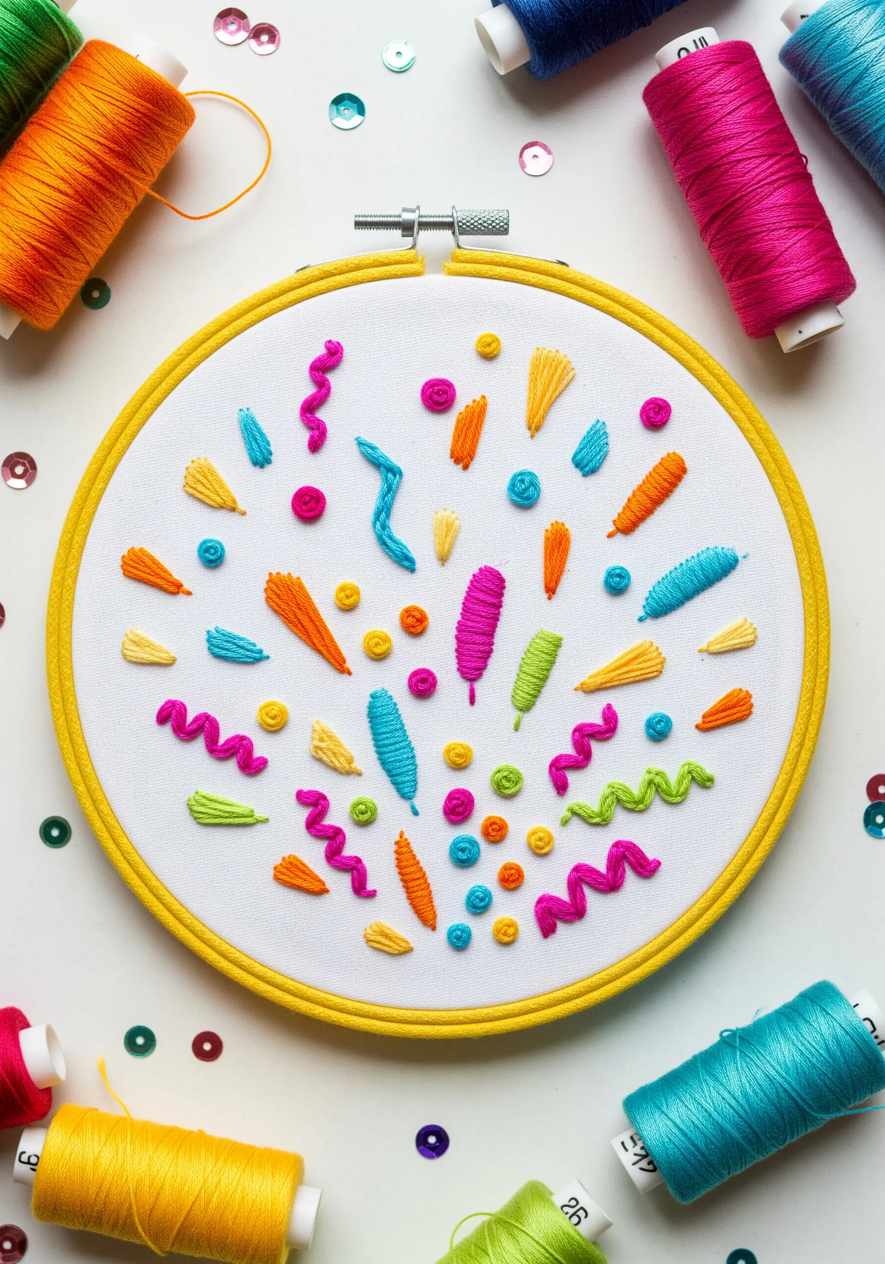 A playful explosion of colorful stitches, including satin stitch, French knots, and rickrack lines.