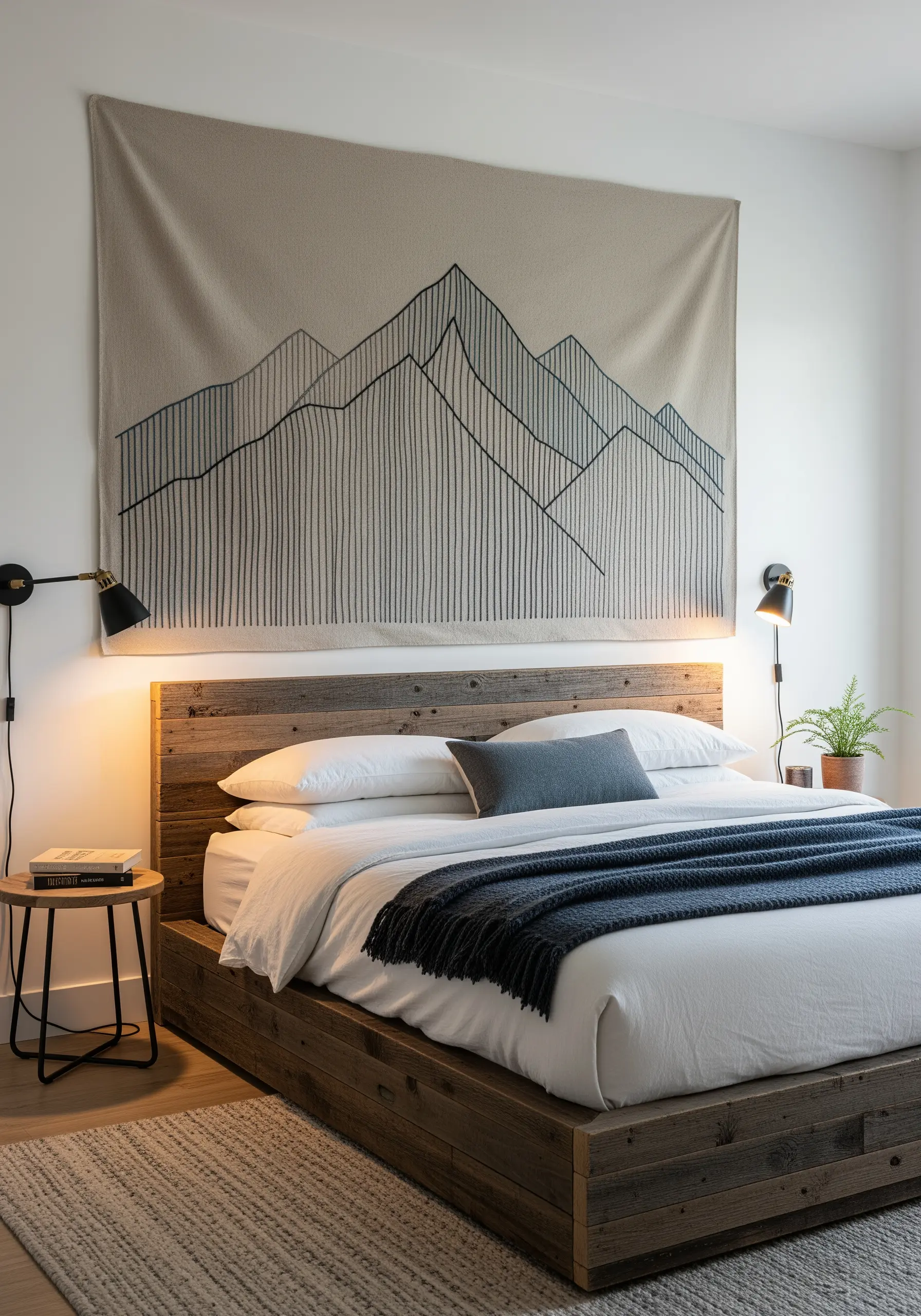 A large fabric wall tapestry with an embroidered minimalist mountain range hanging above a bed.