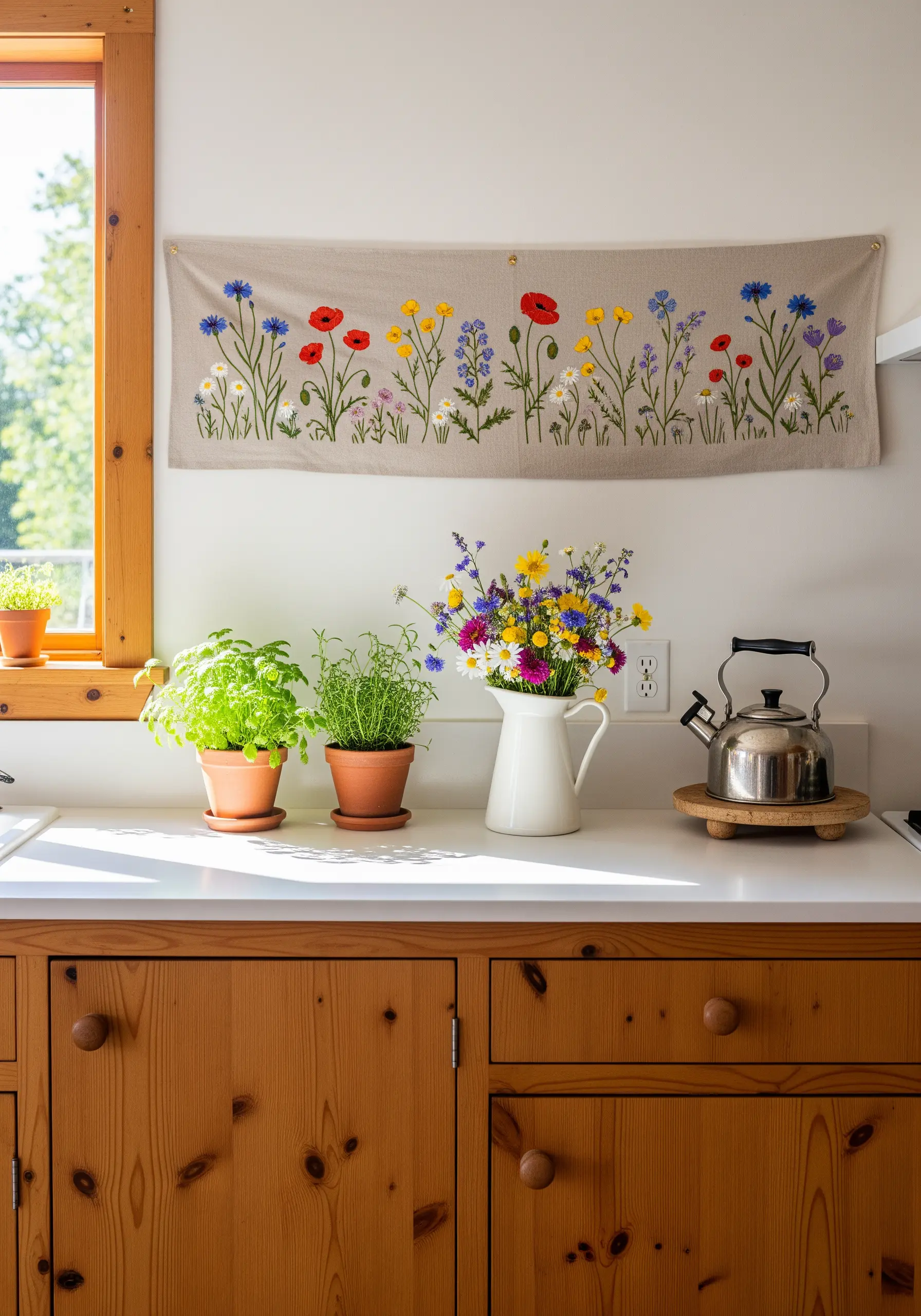 A long linen wall hanging embroidered with a colorful wildflower meadow scene.