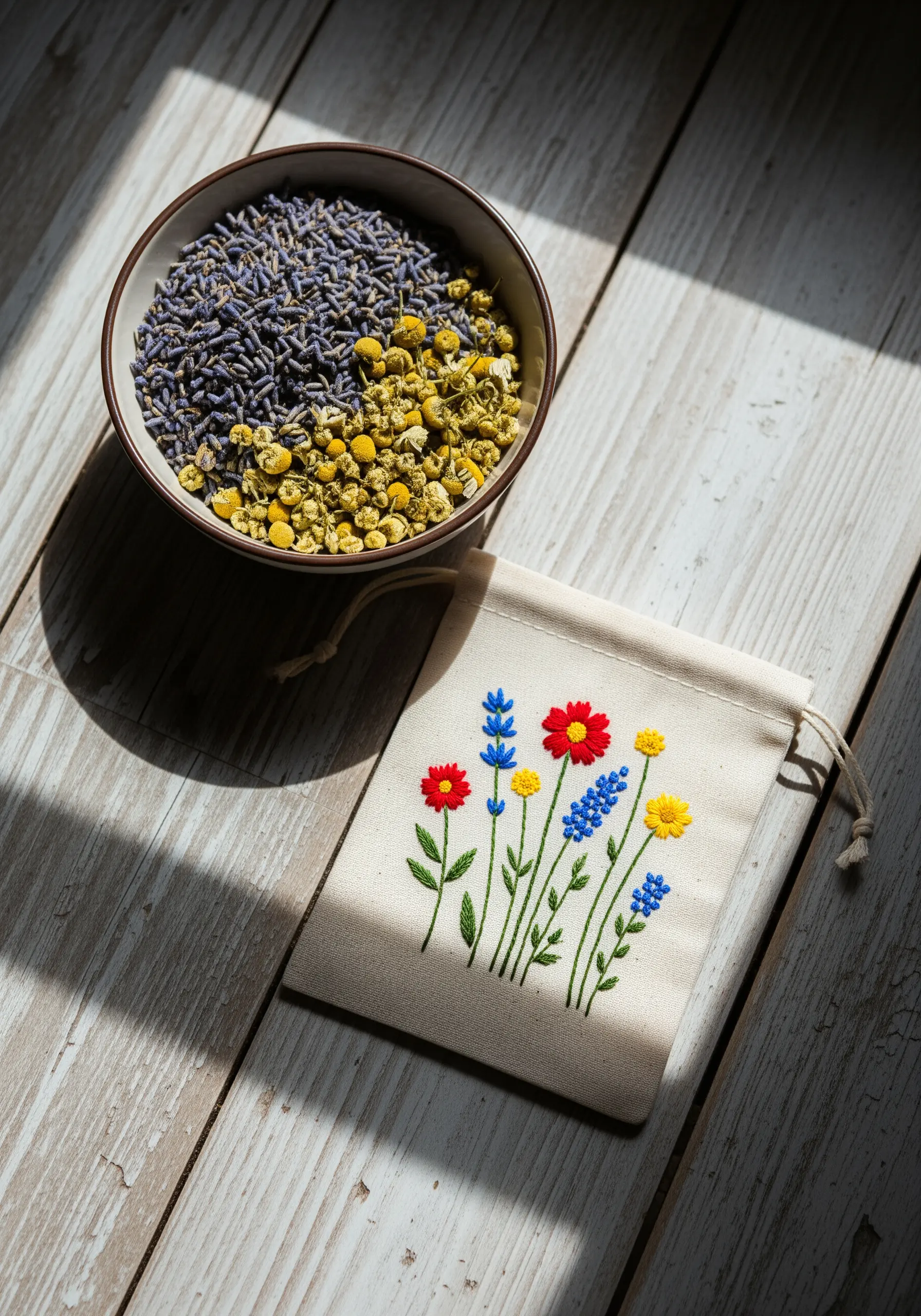 A canvas drawstring bag embroidered with colorful wildflowers, sitting next to a bowl of dried herbs.