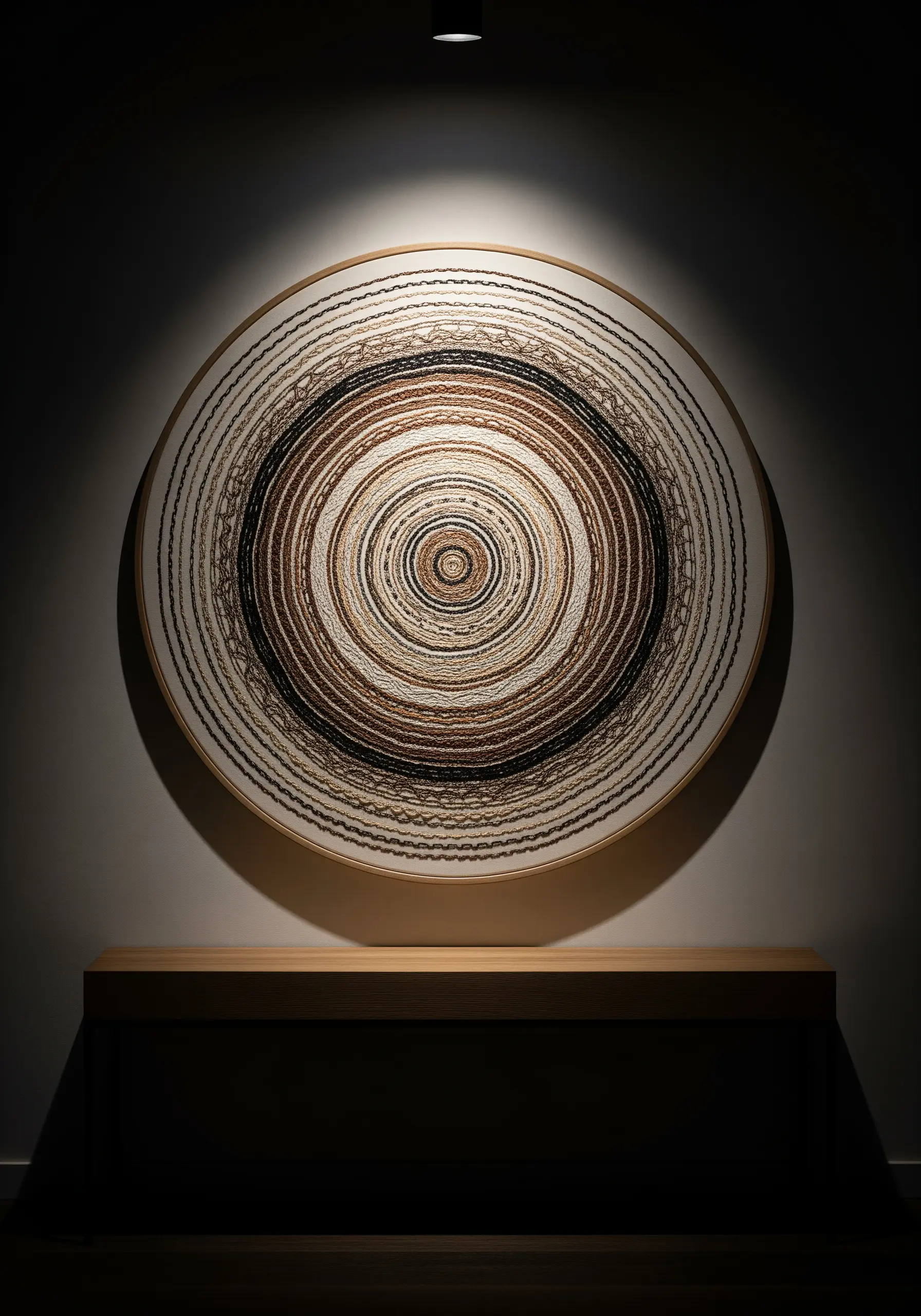 Large, circular embroidery with hundreds of concentric rings in earthy tones.