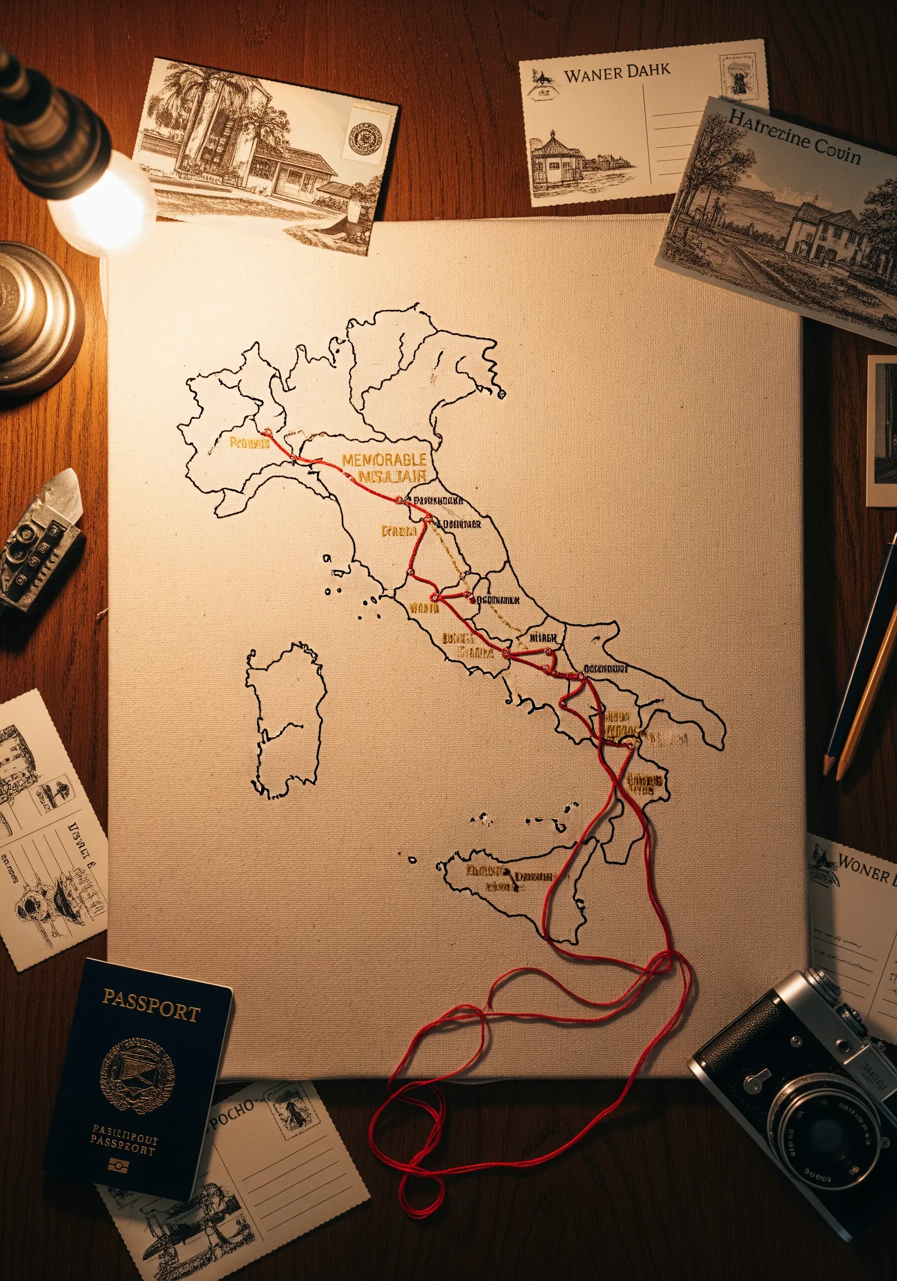 An embroidered map of Italy on canvas, with a red thread tracing a route through various cities.