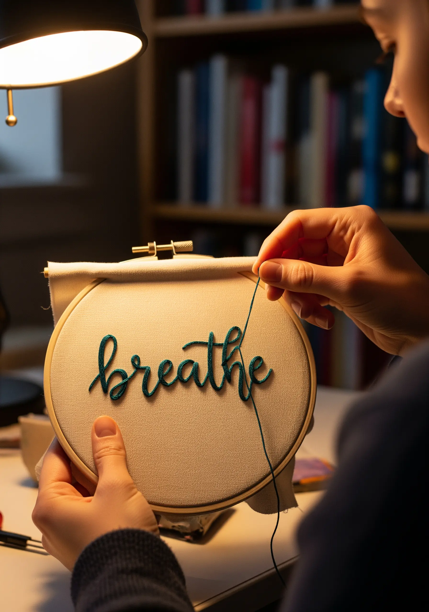 A close-up of the word 'breathe' being stitched in a thick, dimensional teal script.