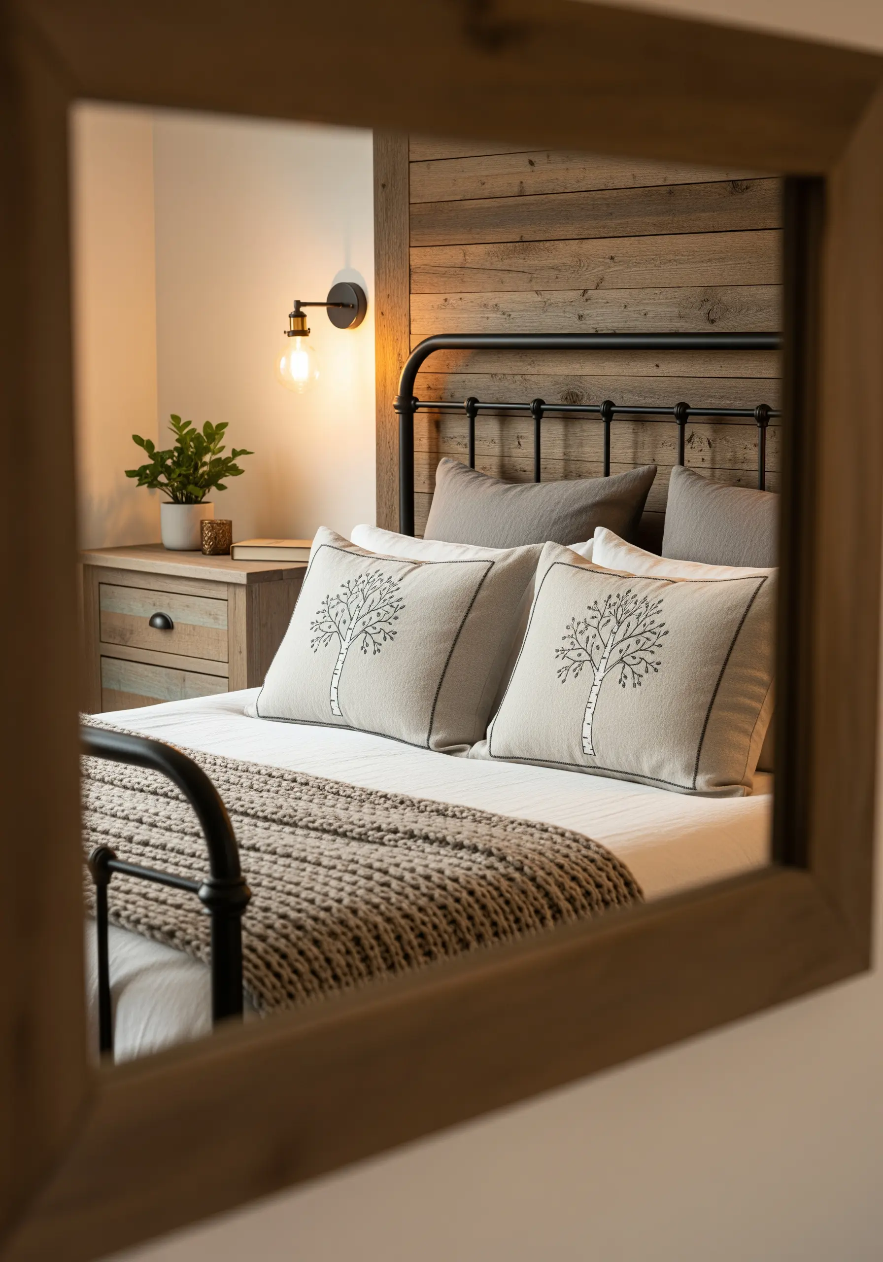 Two embroidered cushions with minimalist birch tree designs in a rustic bedroom.