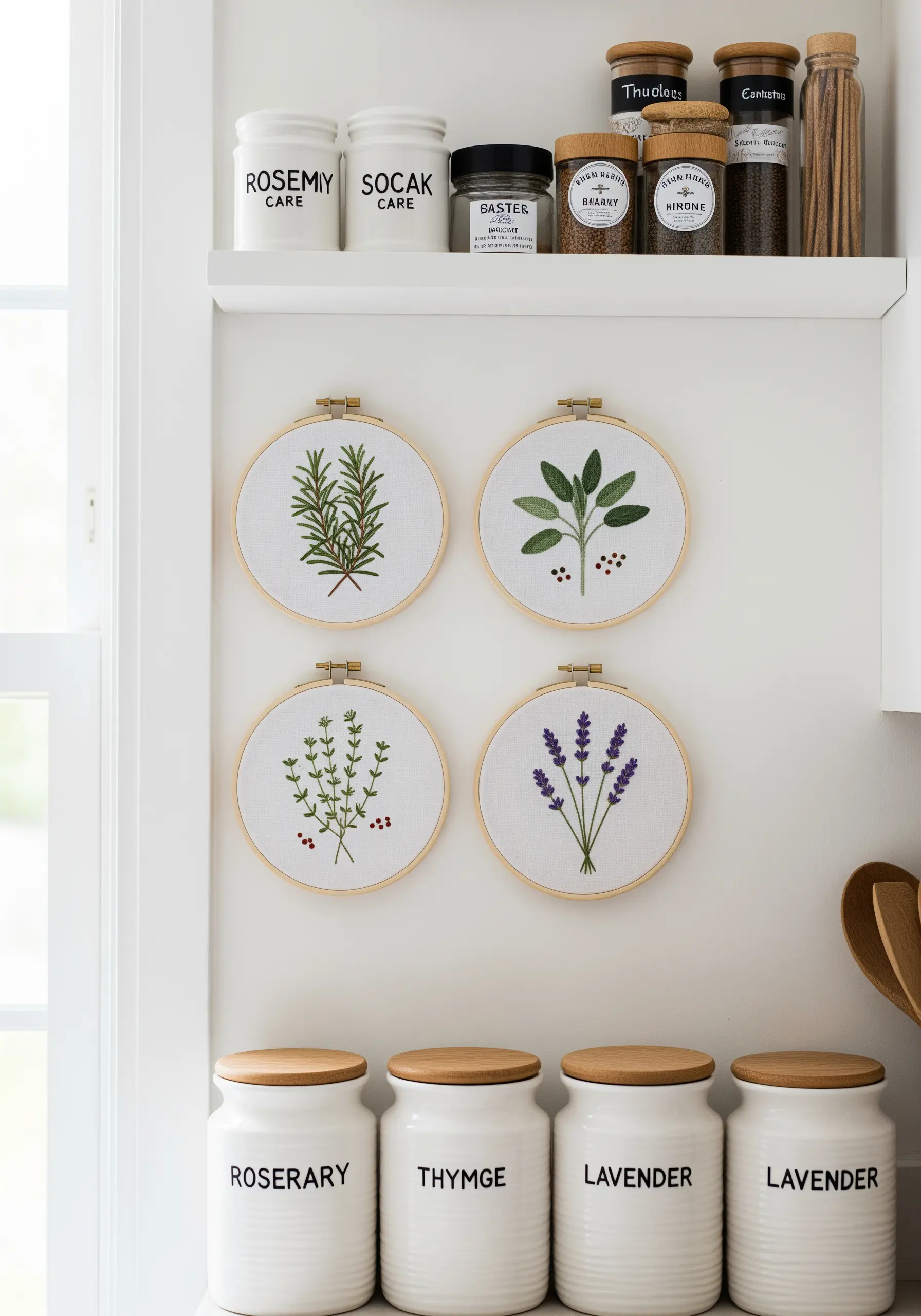Four small embroidery hoops displayed together, each featuring a different culinary herb.
