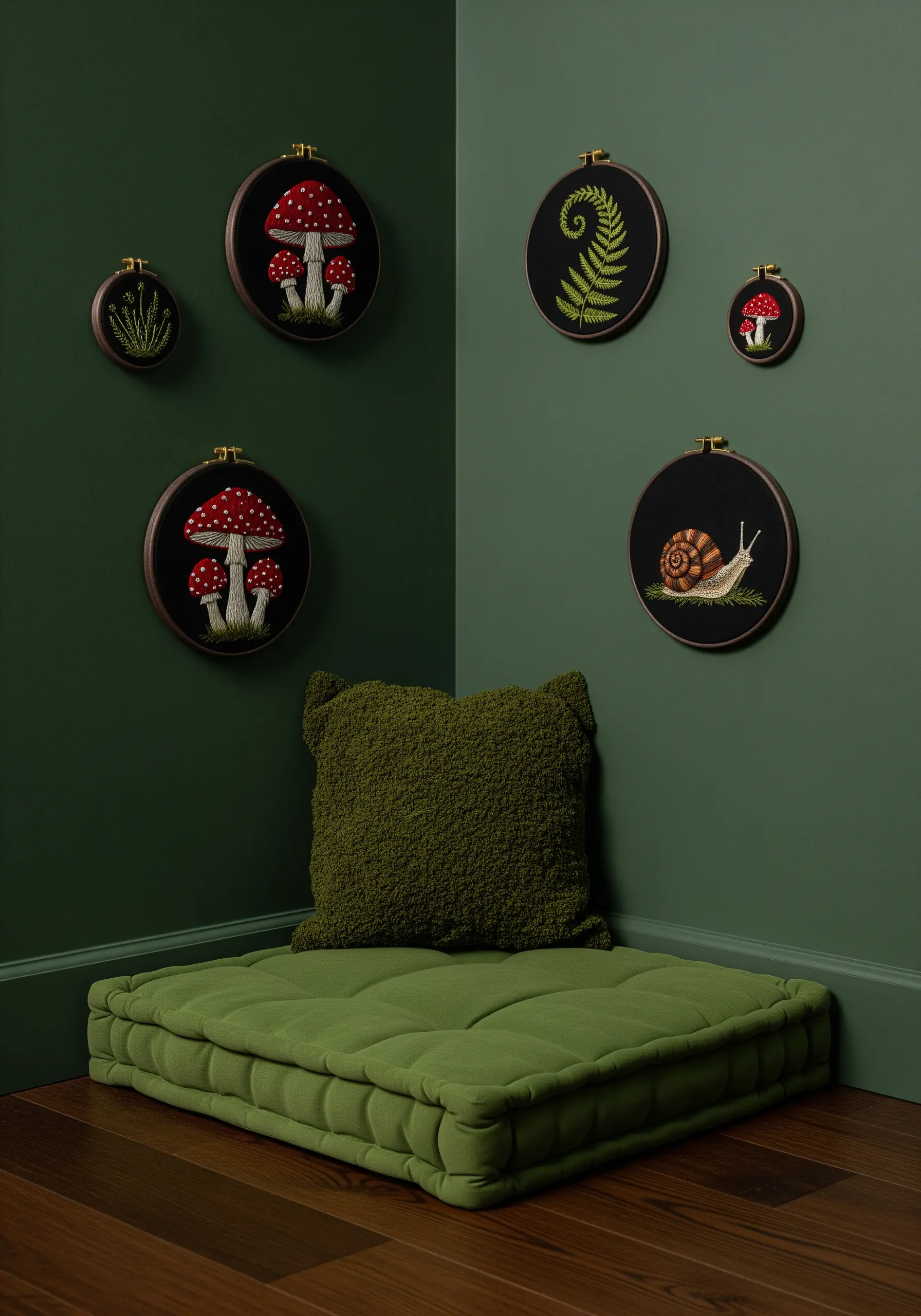A collection of embroidery hoops with mushrooms, a fern, and a snail against a dark green wall.