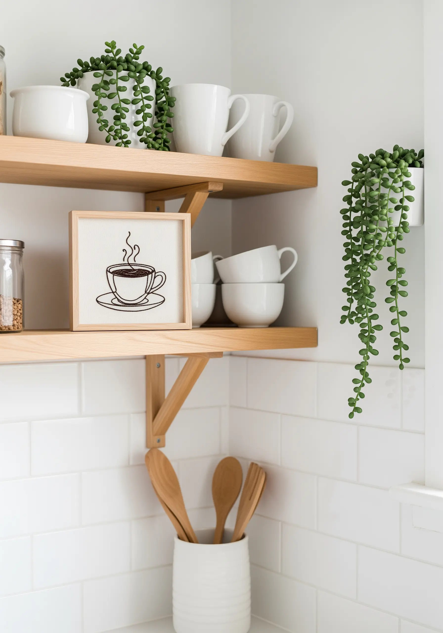 Simple line art embroidery of a steaming coffee cup in a light wood frame.