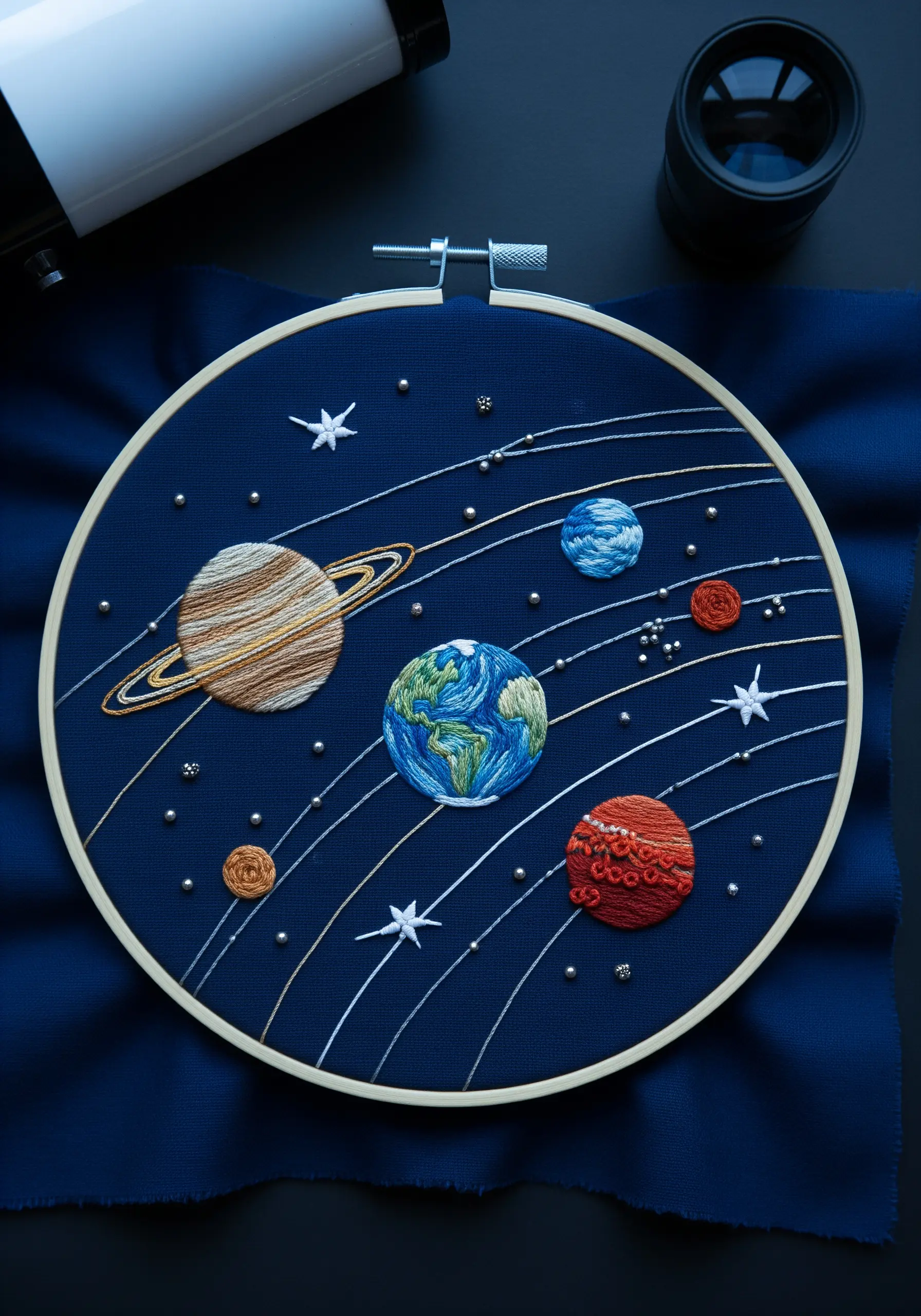 An embroidery of the solar system on dark blue fabric, with planets created using different stitches.