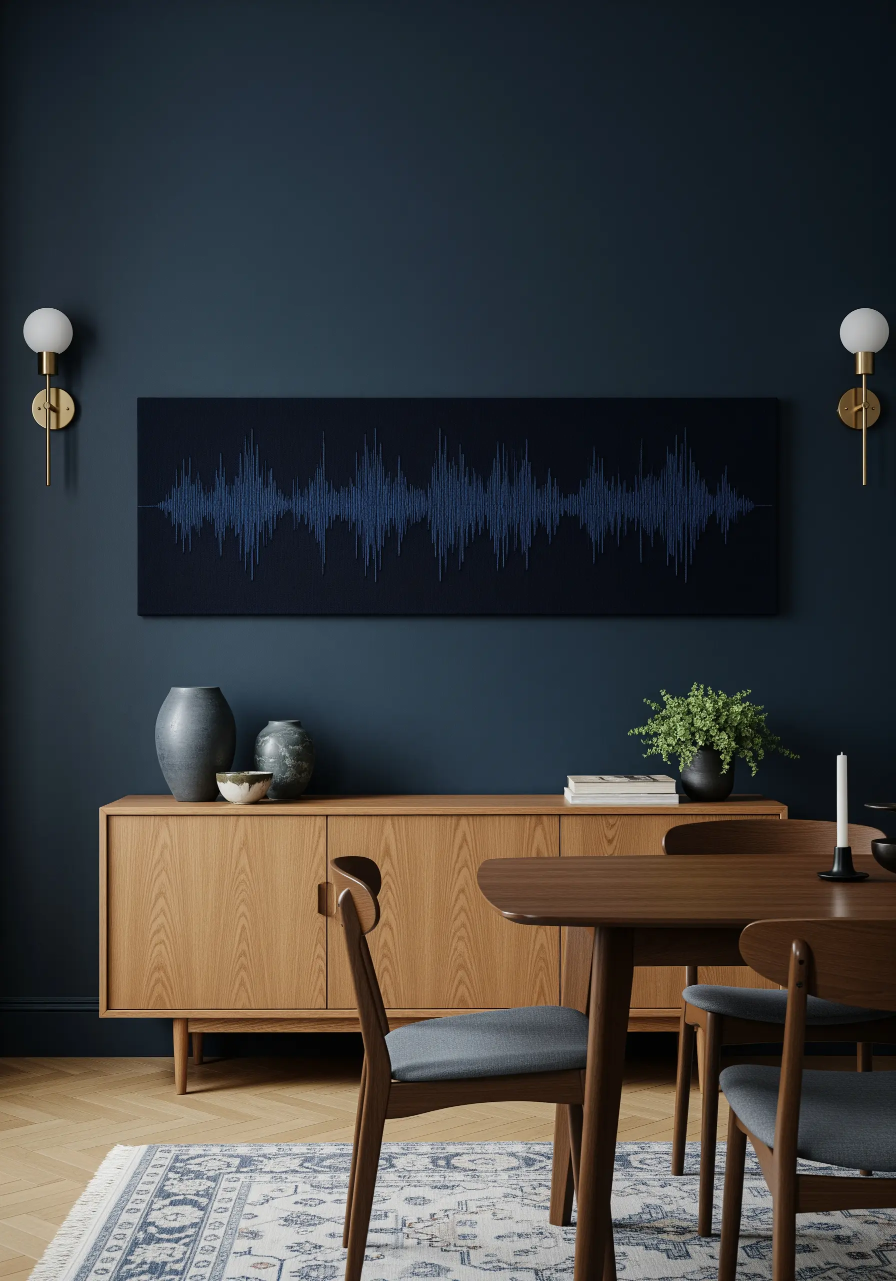 A long, dark canvas with a soundwave embroidered in blue thread over a dining room credenza.
