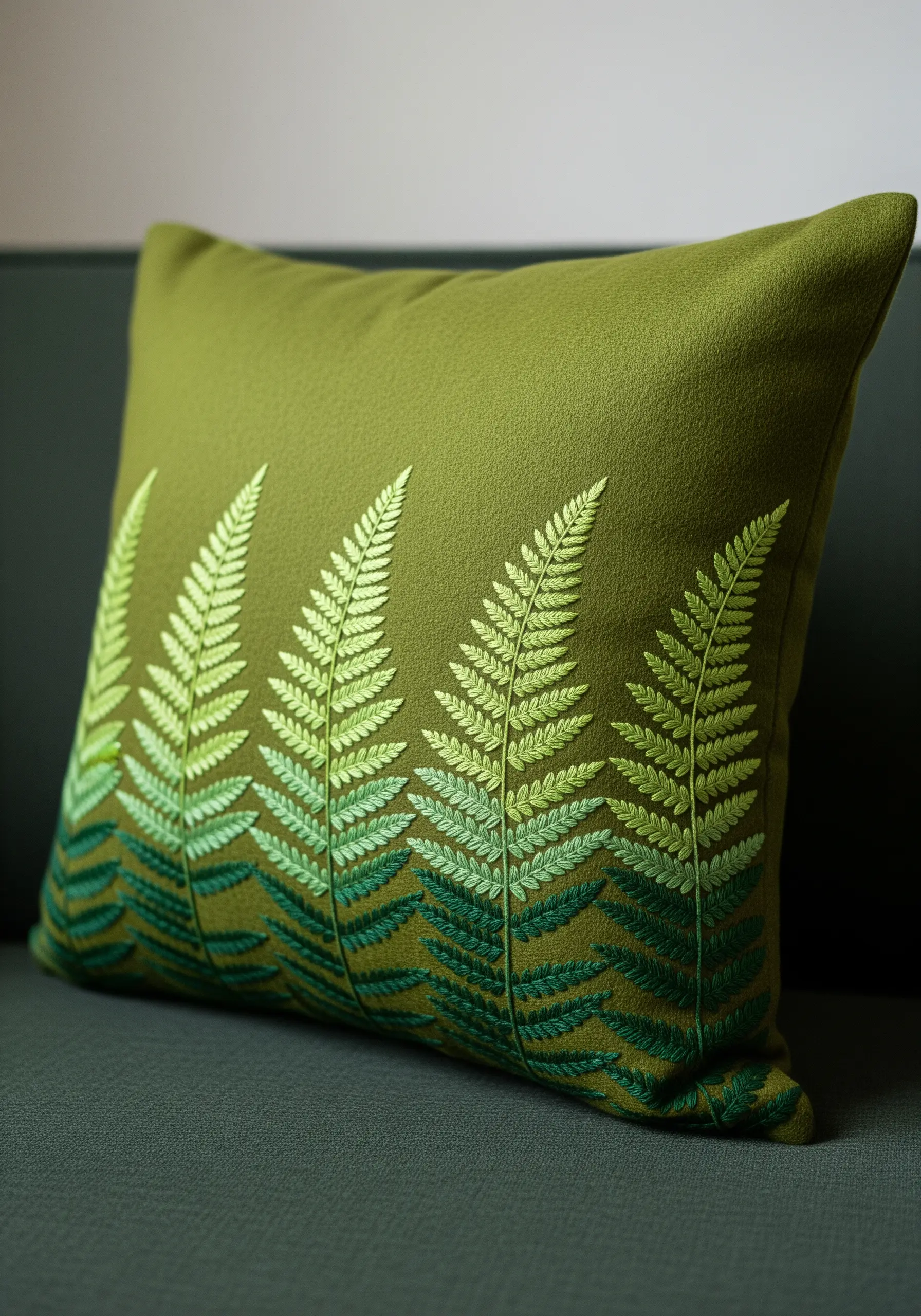 A row of embroidered ferns in a vertical green gradient on an olive-colored cushion.