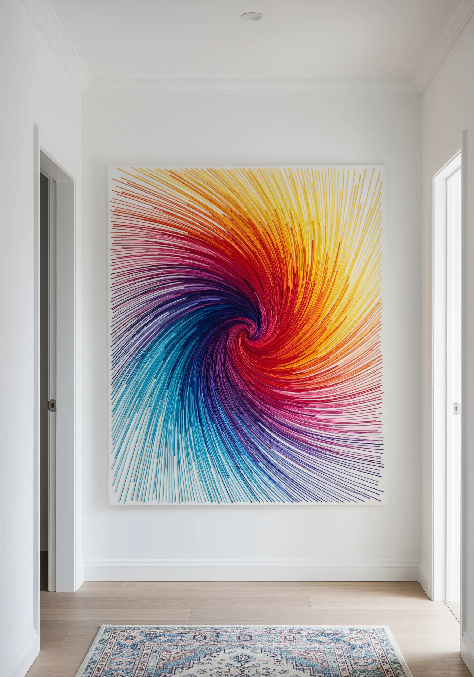 A large, vibrant embroidery piece with radiating lines of thread creating a colorful vortex.