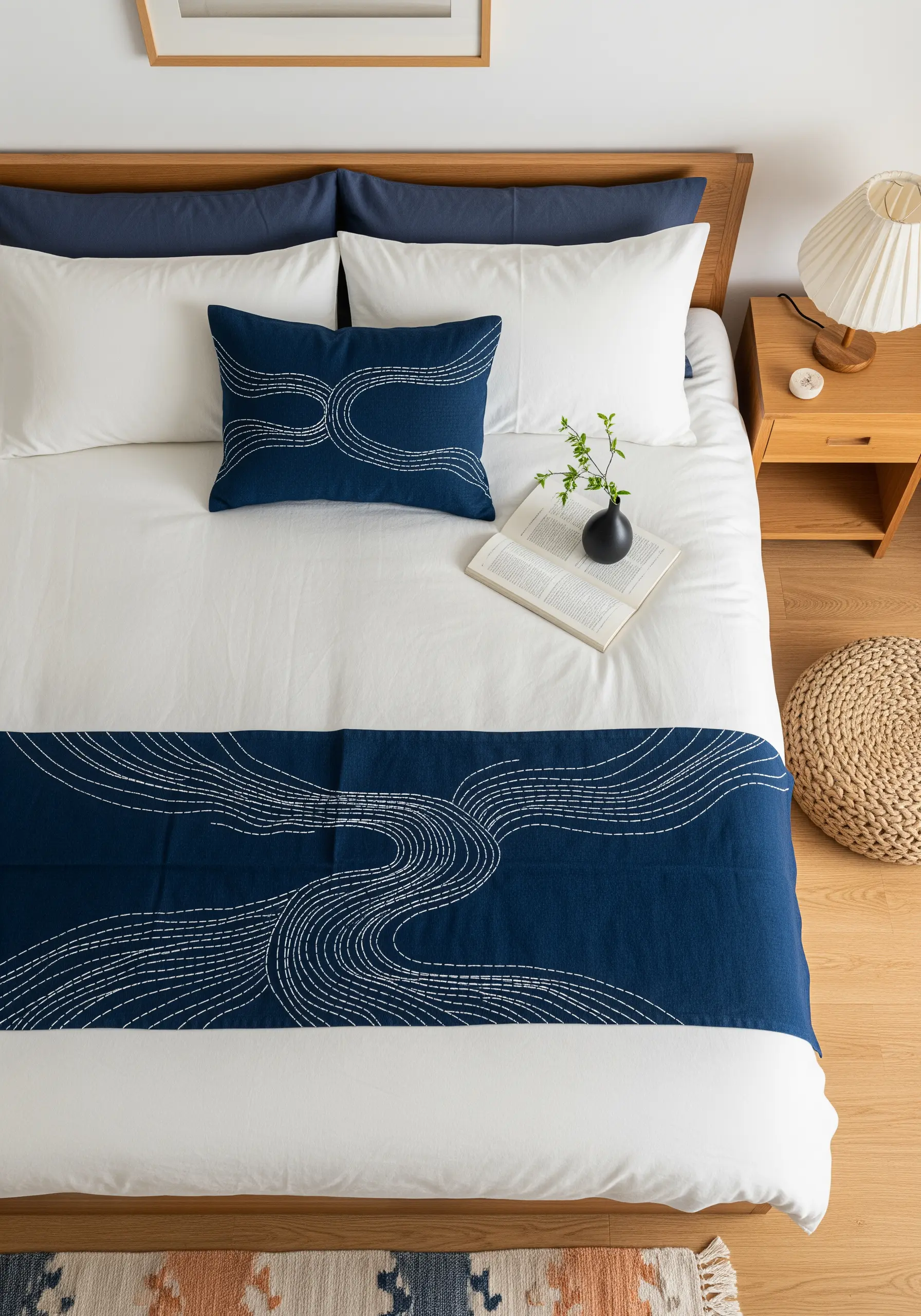 A dark blue bed runner and pillow with minimalist white running stitches depicting water currents.