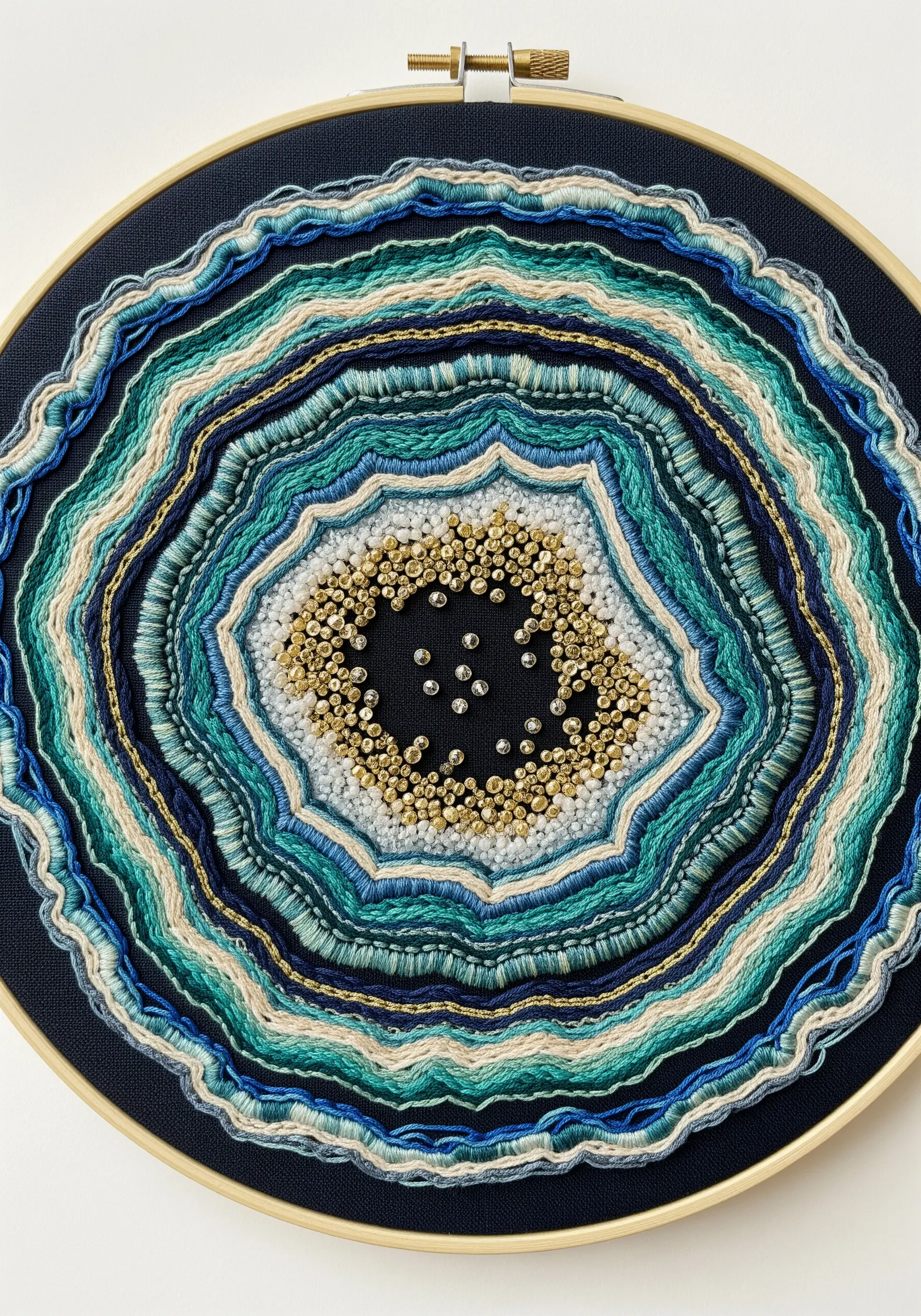 Abstract hoop art resembling a geode, with concentric rings of blue and green stitches and beads.
