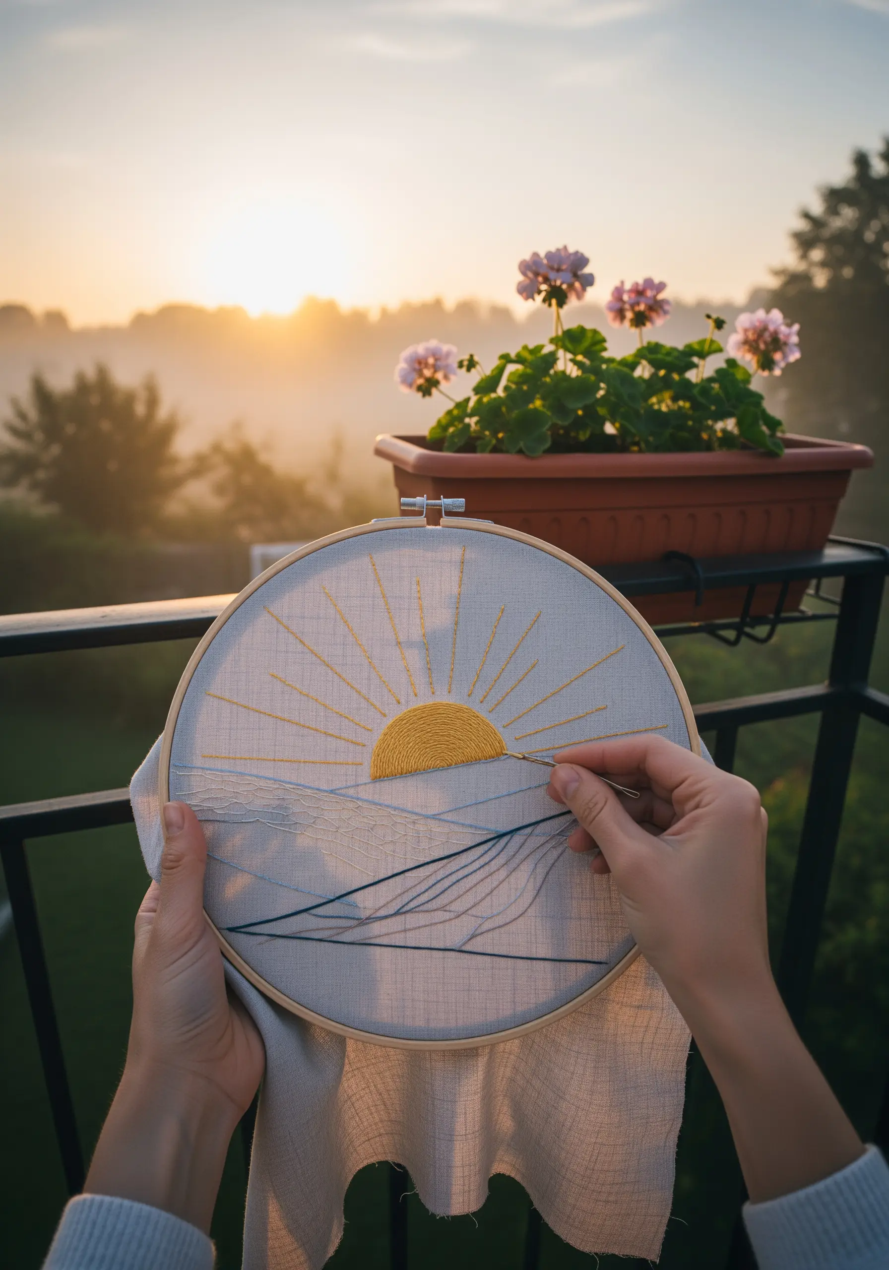 Hands holding an embroidery hoop with a stitched sunrise over abstract water against a real sunrise.