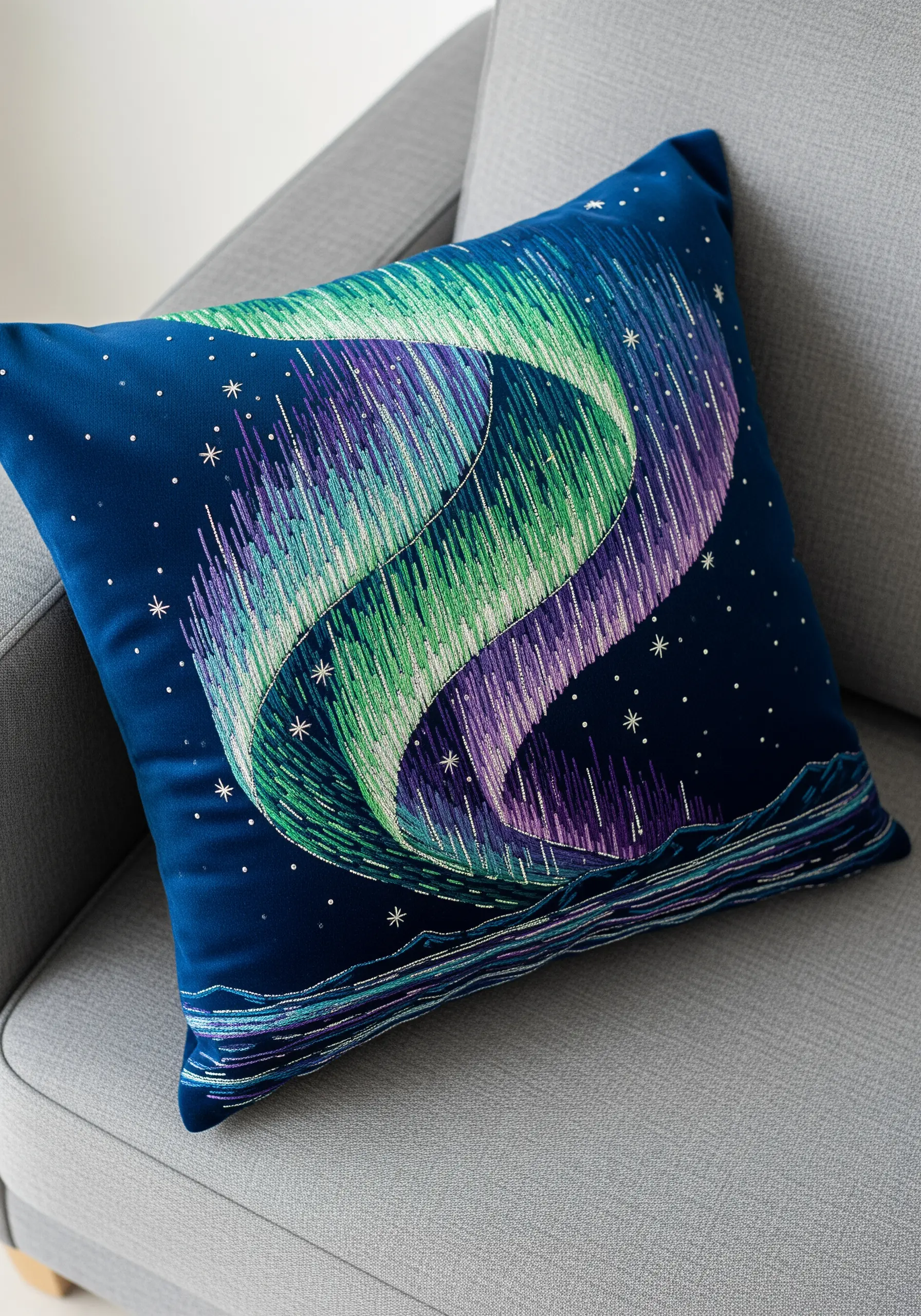 Aurora borealis embroidered on a dark blue cushion using green, purple, and blue gradient threads.