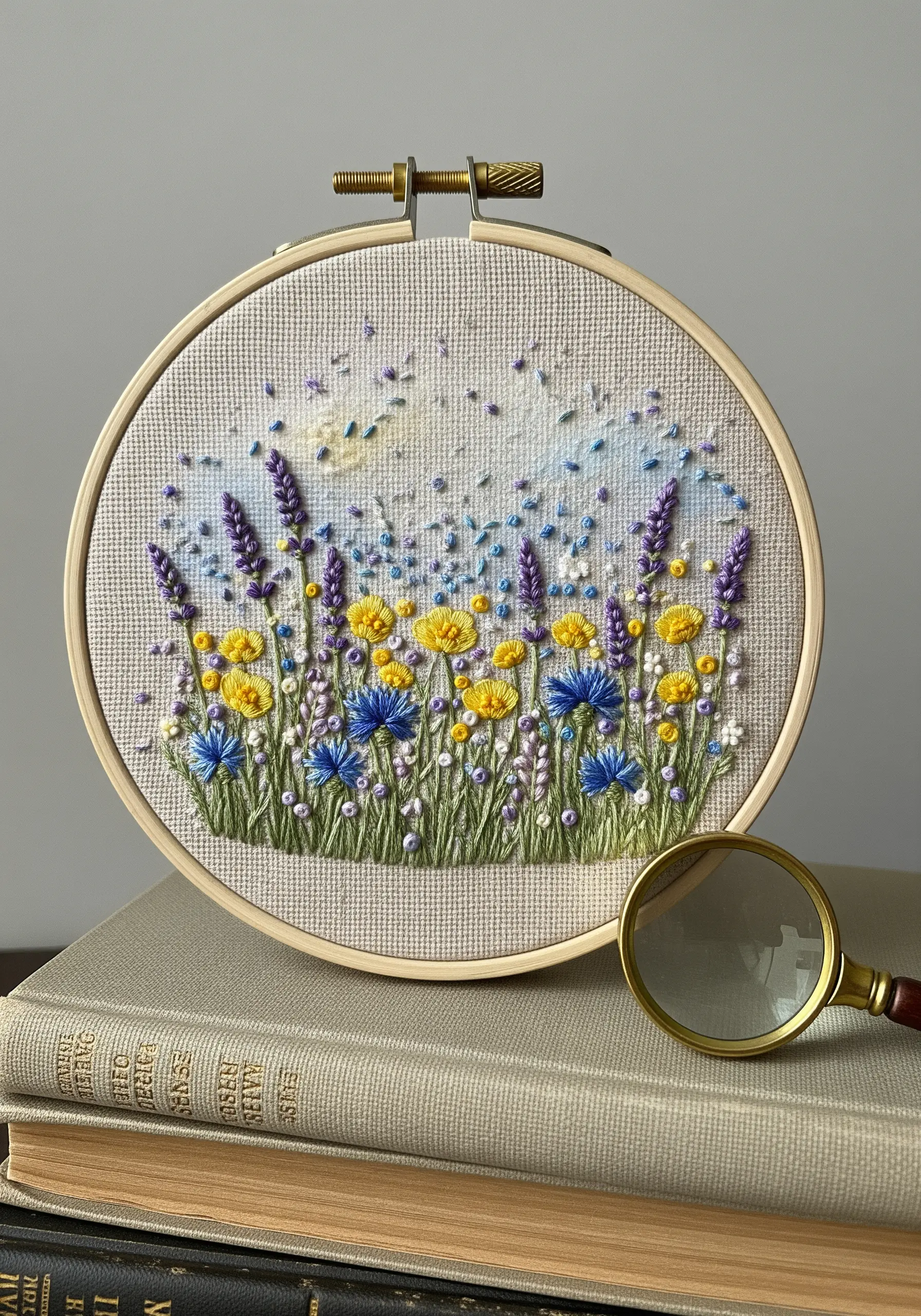A wildflower meadow hoop with lavender, cornflowers, and yellow blooms against a watercolor sky.