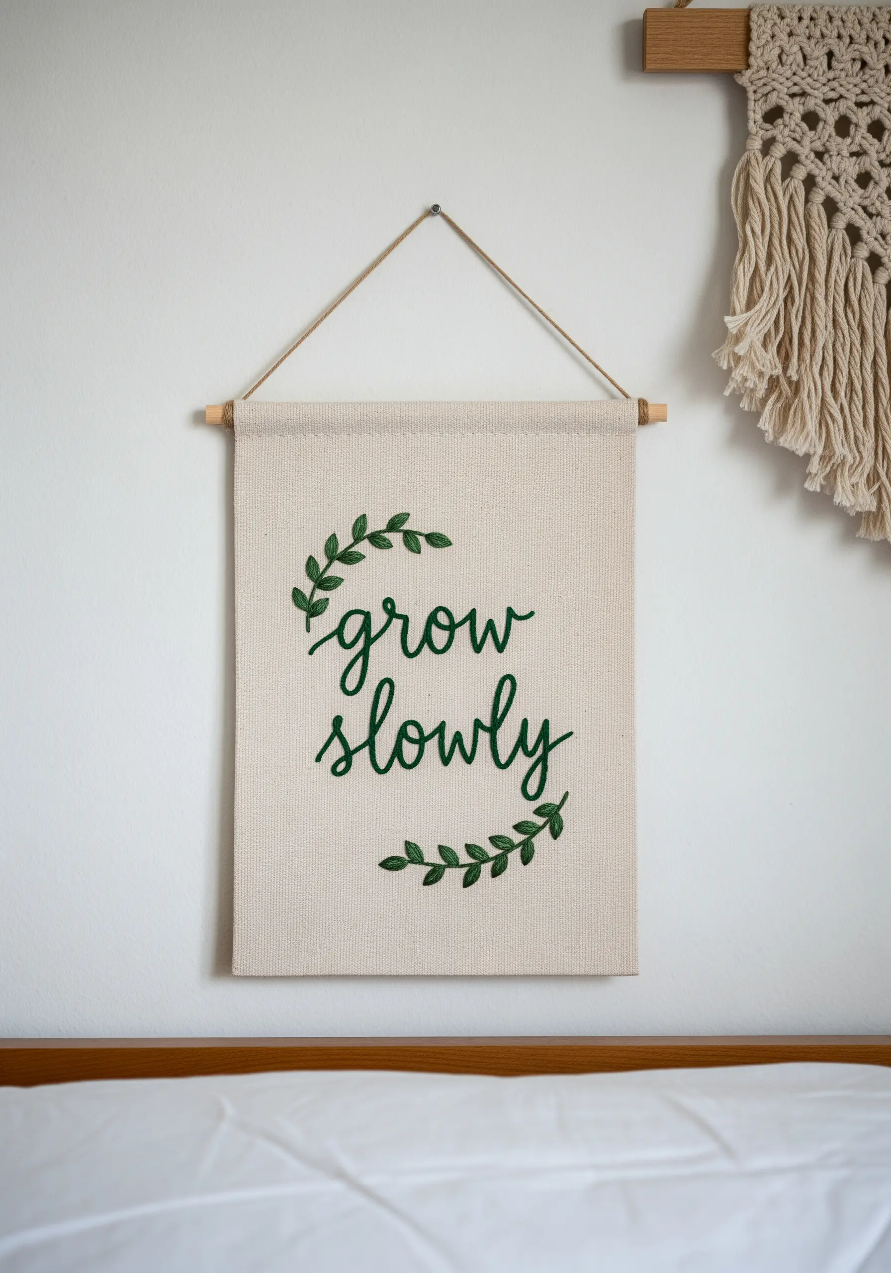A canvas wall banner with the embroidered quote 'grow slowly' framed by green leaves.