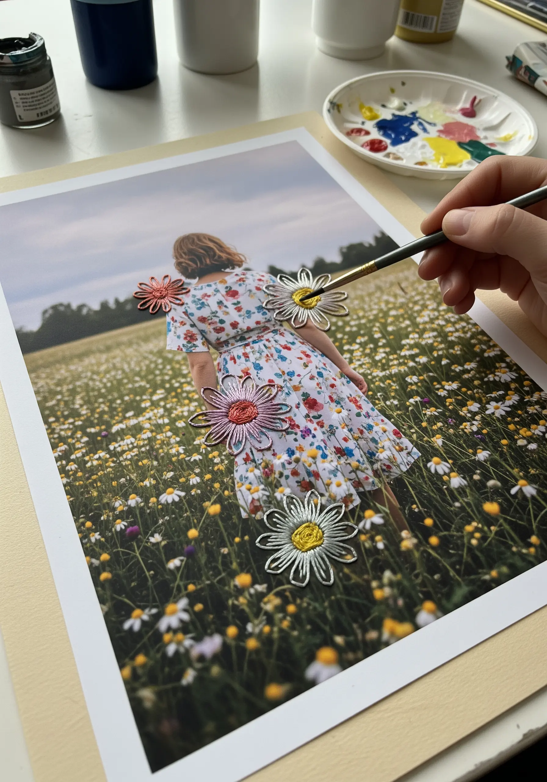 A photograph of a person in a field with colorful flowers embroidered and painted on top.