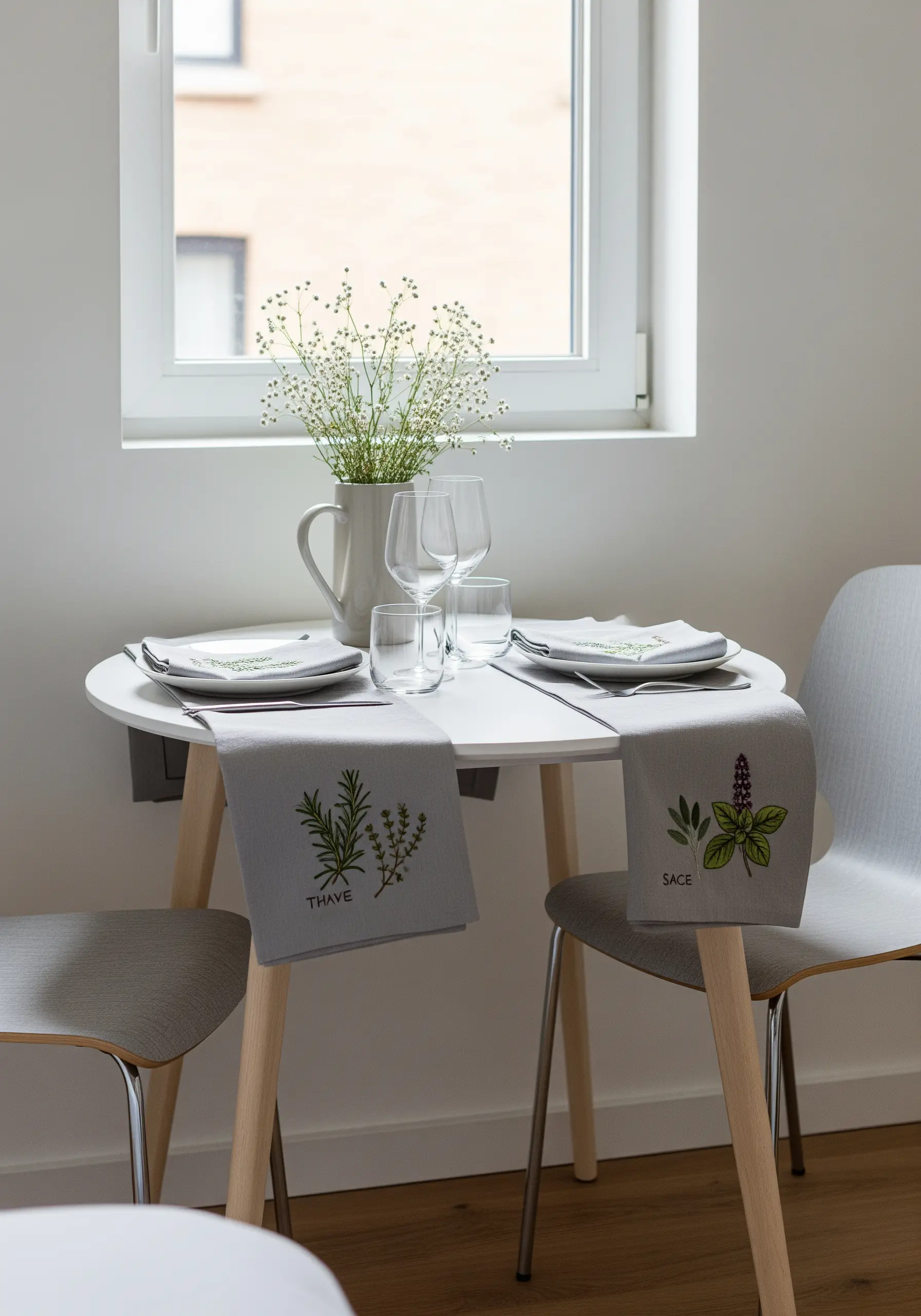 Two grey dinner napkins embroidered with green herbs, set on a small dining table.