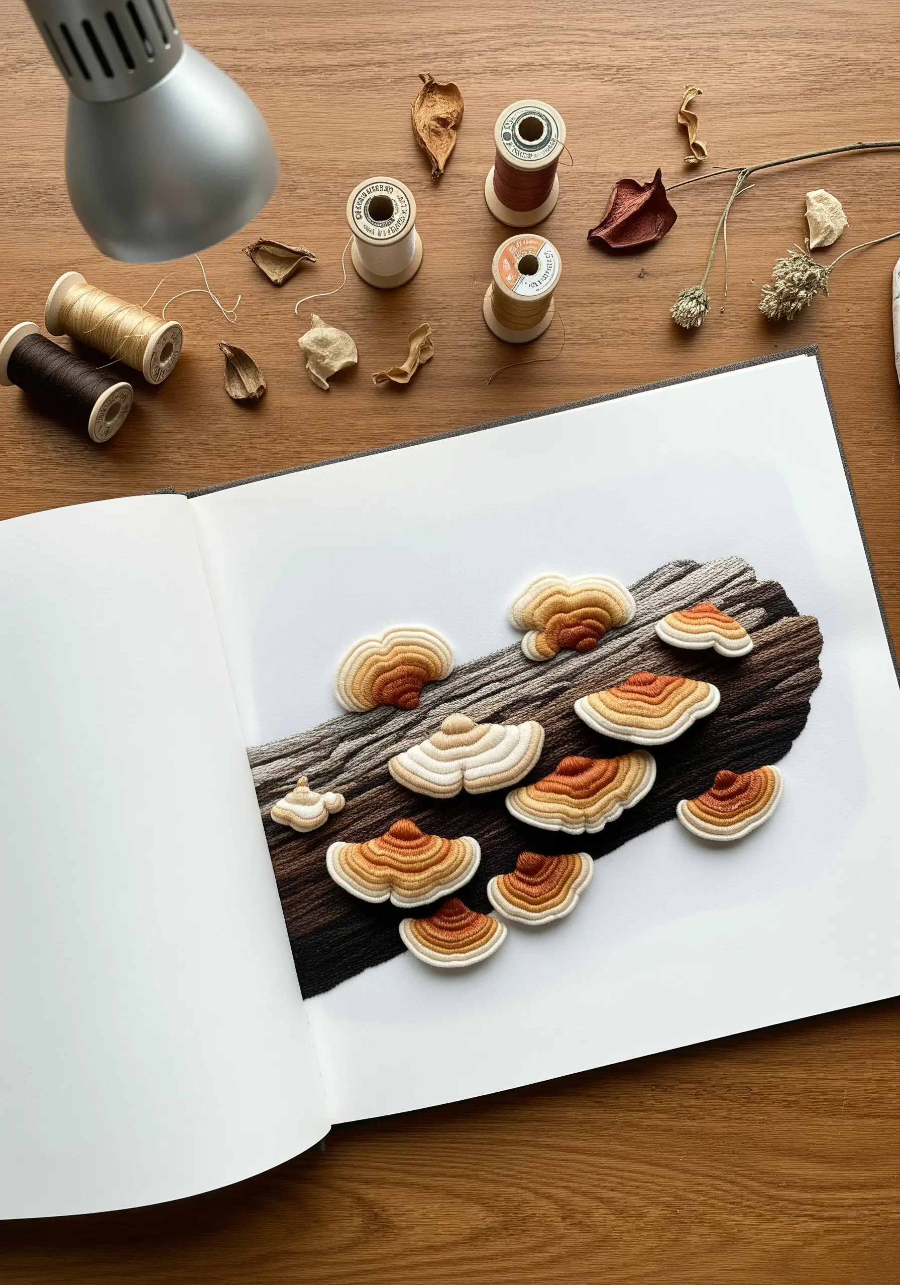 Embroidery of bracket fungi on a log, stitched directly onto the pages of an open book.