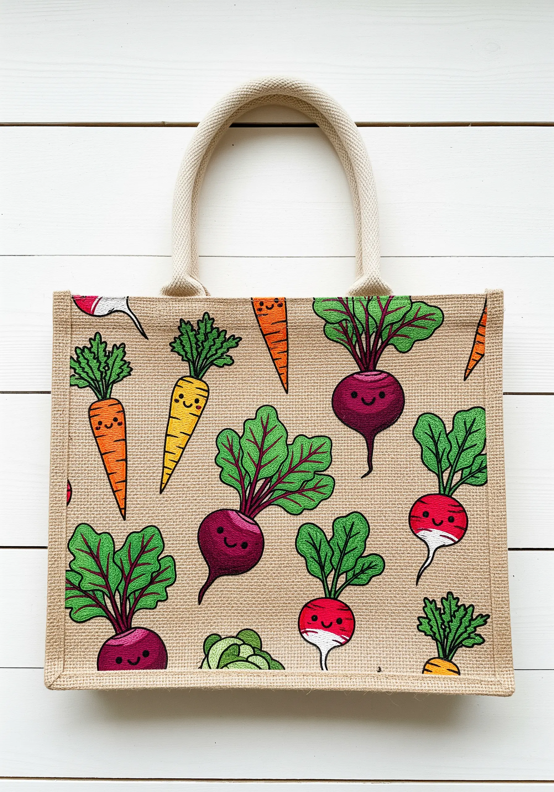 Cartoon-style smiling root vegetables embroidered on a natural jute tote bag