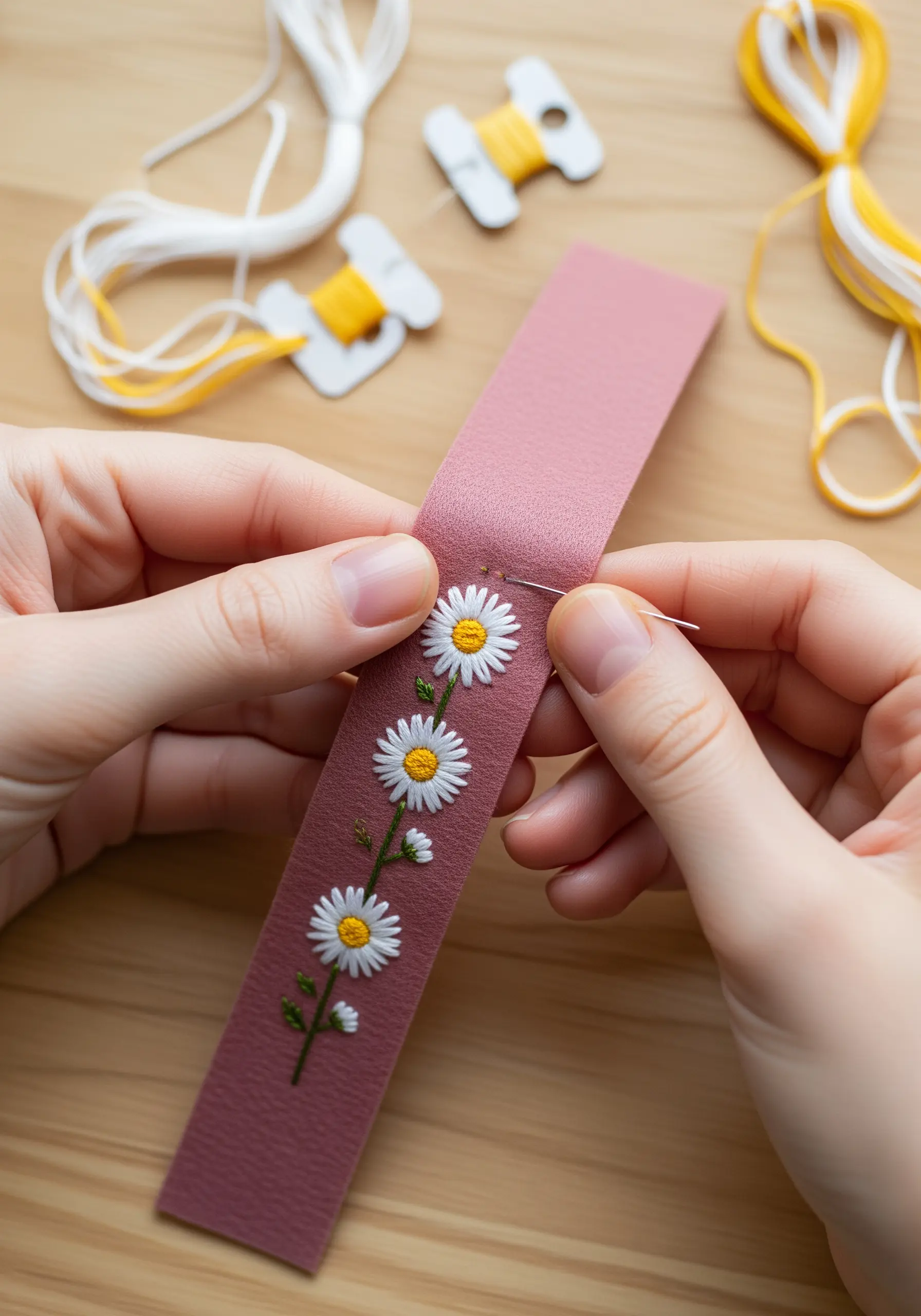 Delicate white and yellow daisies being hand-stitched onto a pink faux leather bookmark.