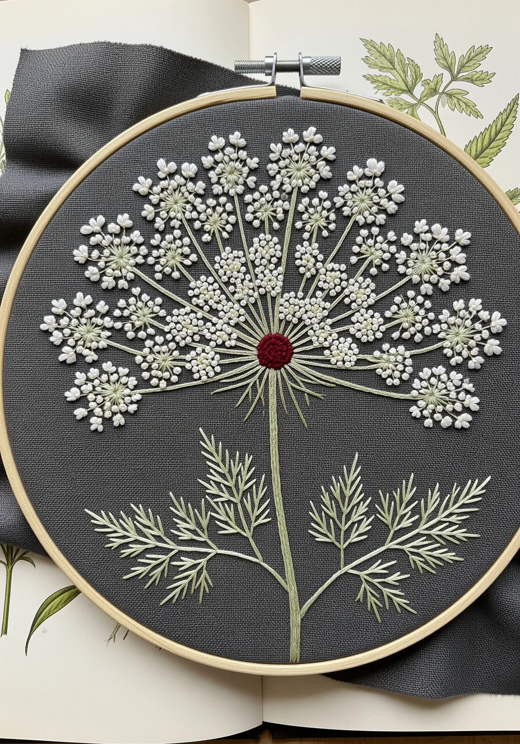 A delicate spray of Queen Anne's Lace embroidered in white on dark grey fabric.