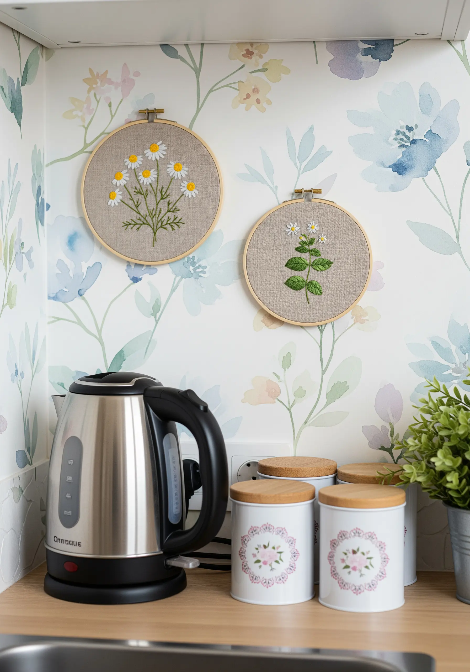 Two embroidery hoops with chamomile and other delicate herbs hanging on a floral wallpapered wall.