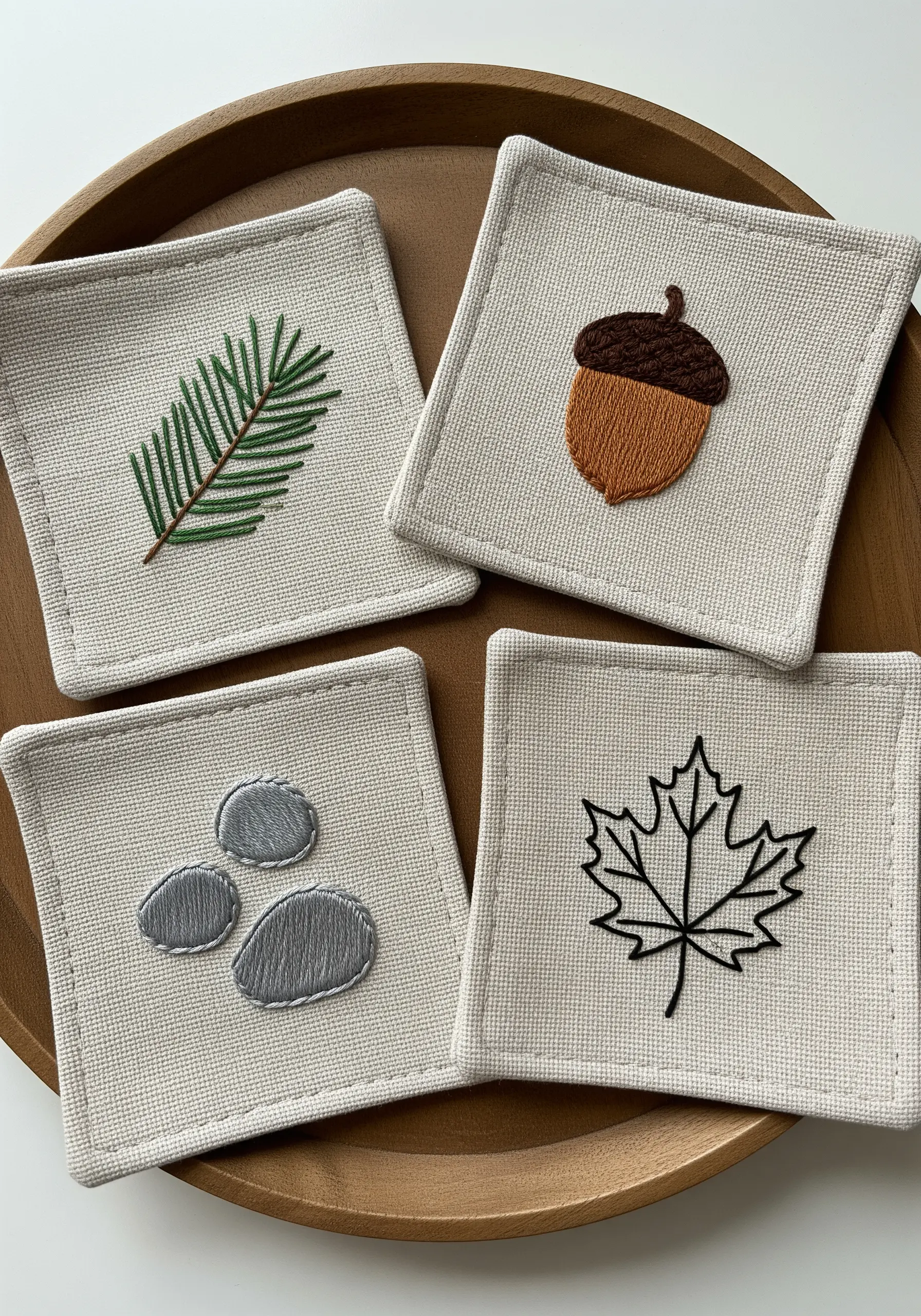Four embroidered coasters with simple nature motifs: a pine branch, acorn, stones, and leaf.