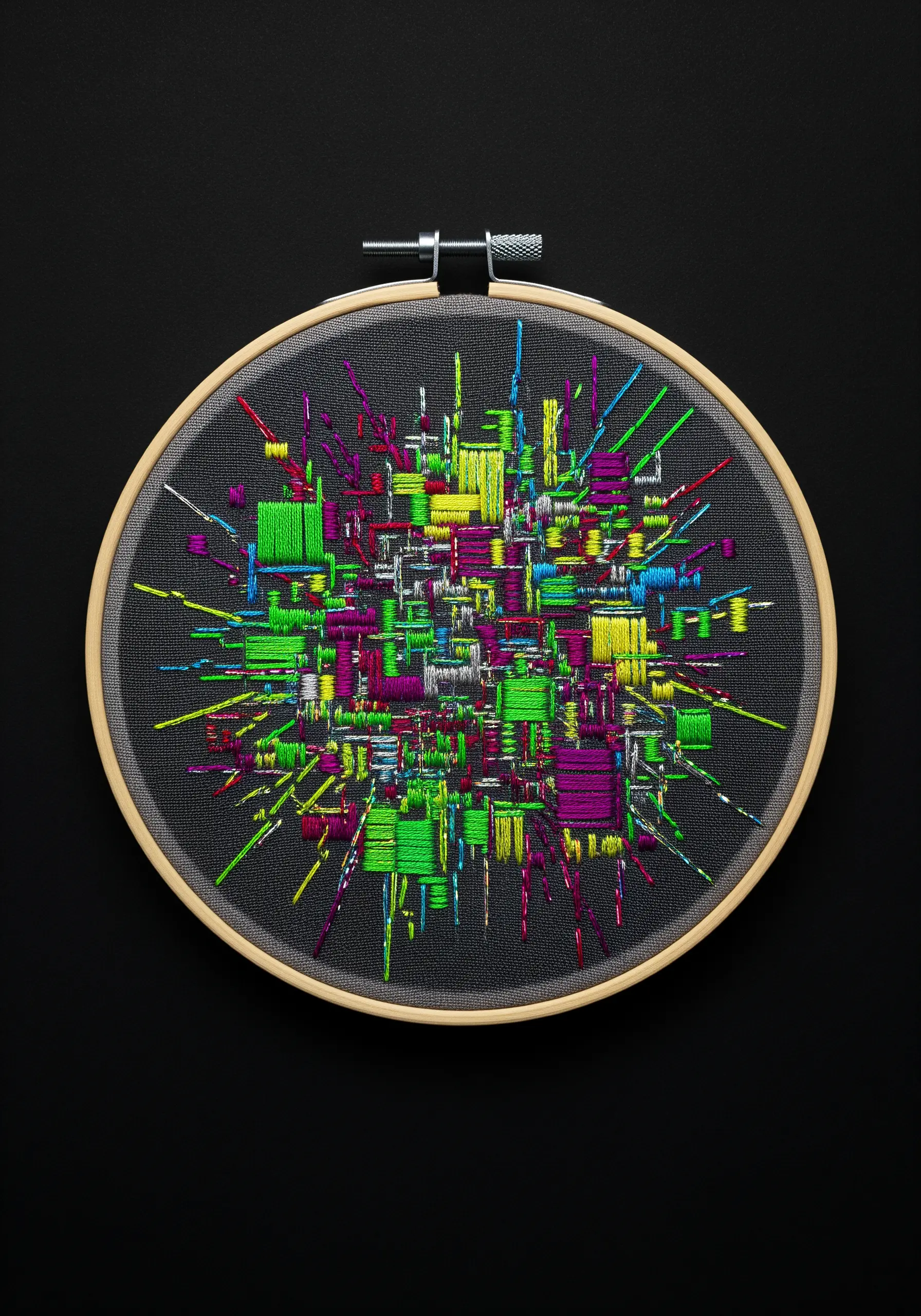 Dense, abstract embroidery with layered blocks of neon straight stitches.