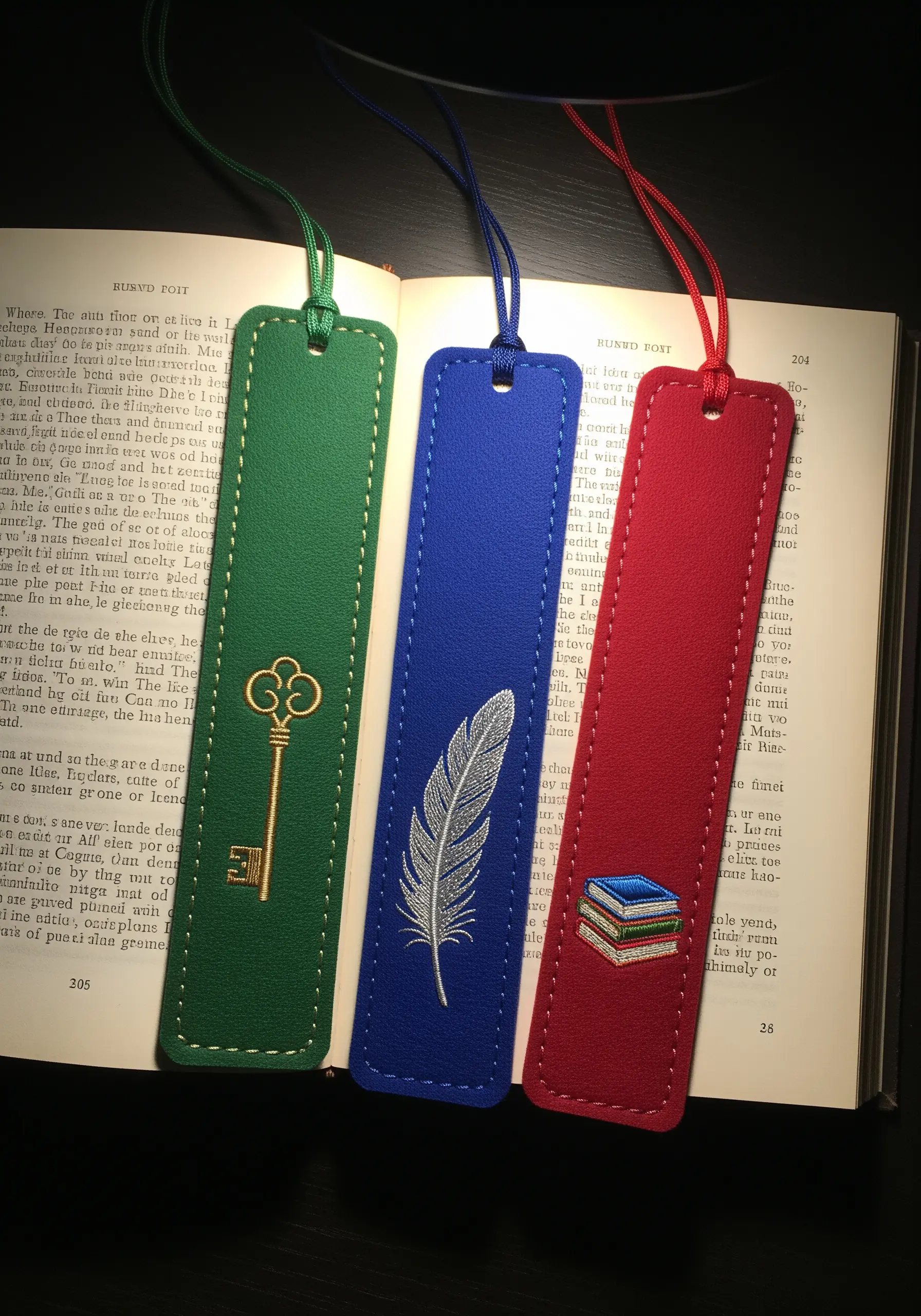 Three bookmarks made of green, blue, and red faux leather, embroidered with a key, a feather, and books.