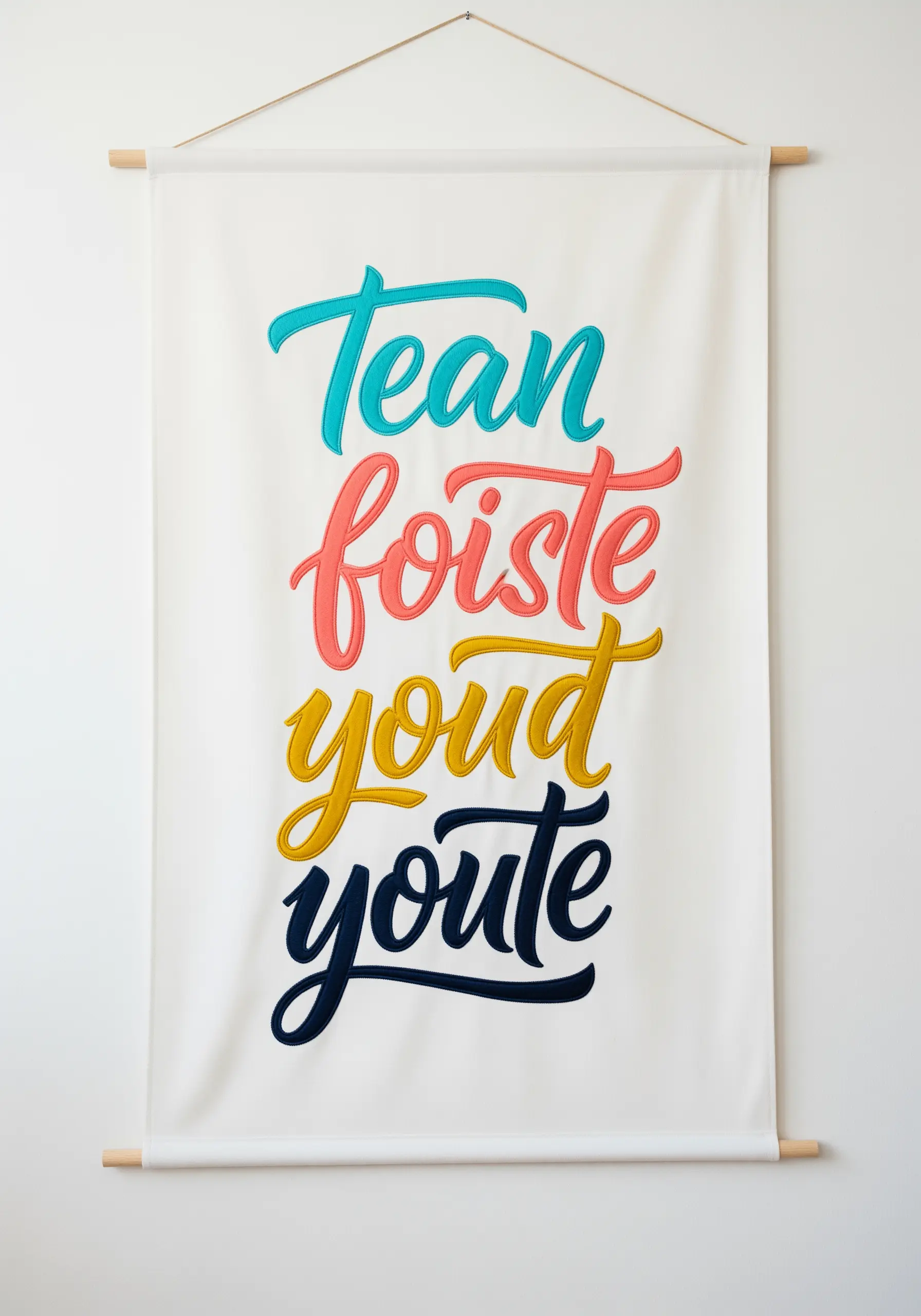 A white fabric wall banner with colorful, script-style embroidered lettering.