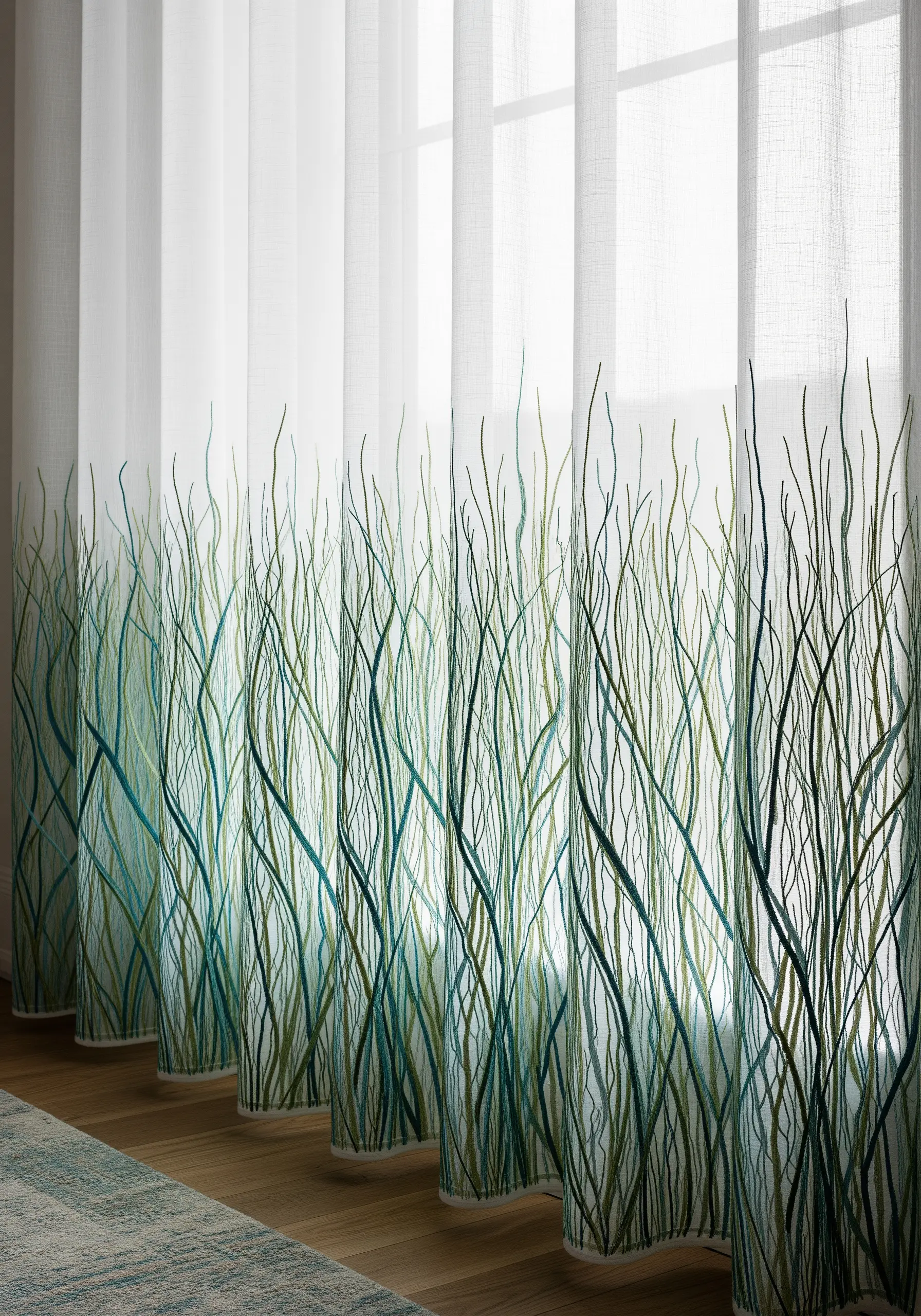 Sheer white curtains with embroidered green and blue seagrass patterns along the bottom.