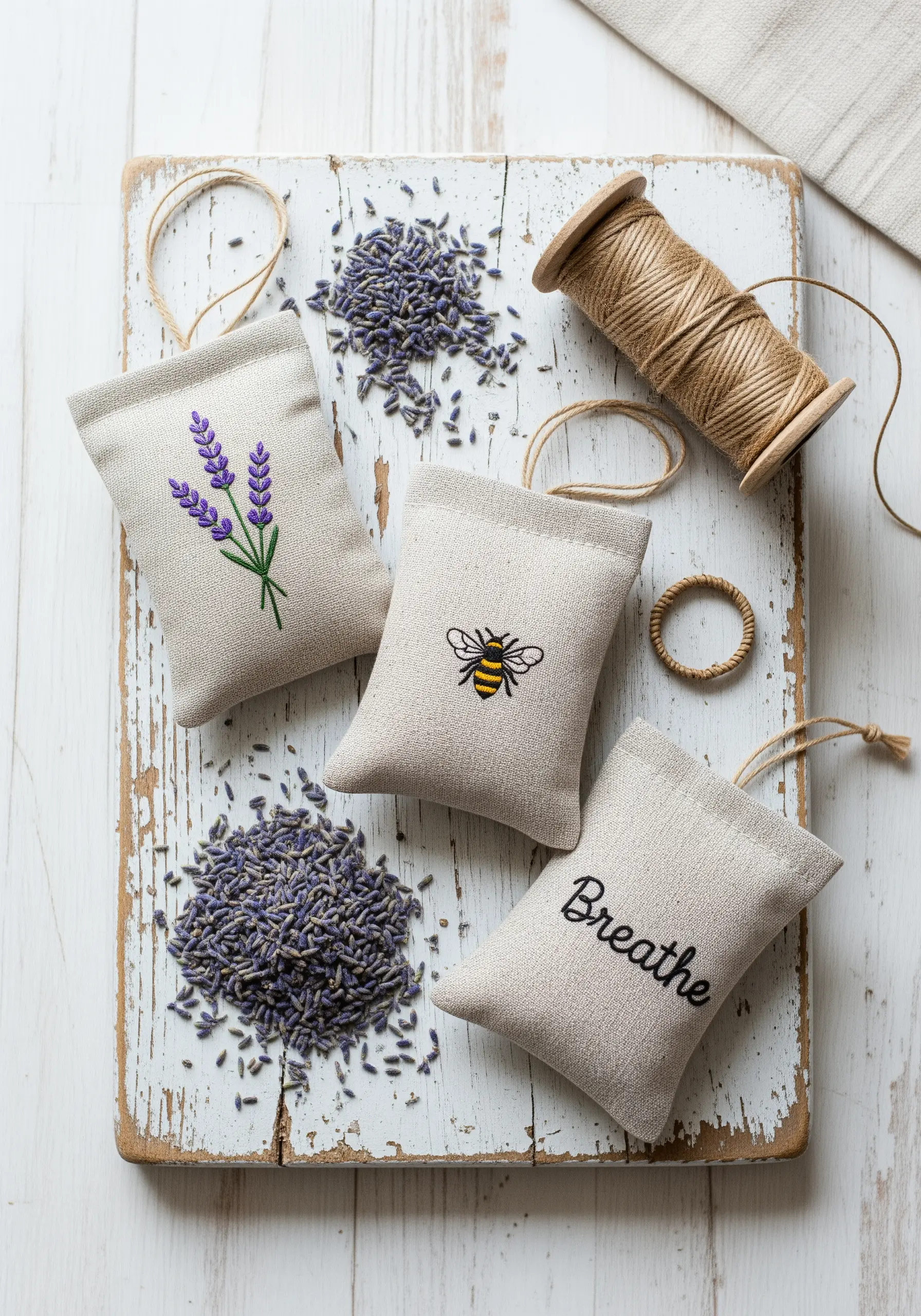 Three small embroidered linen sachets with lavender, a bee, and the word 'Breathe'
