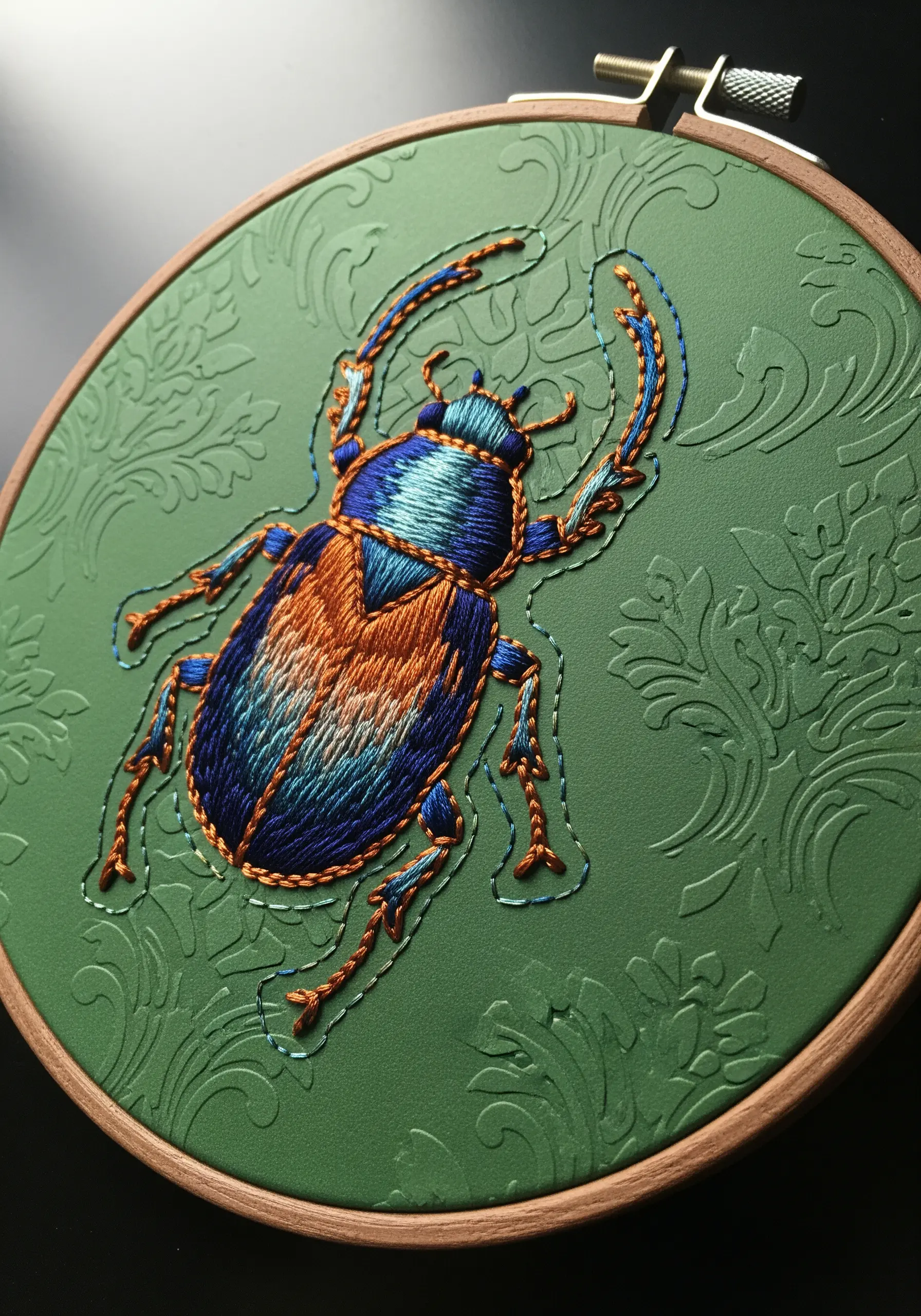 Embroidered beetle on green embossed paper with intricate floral patterns.