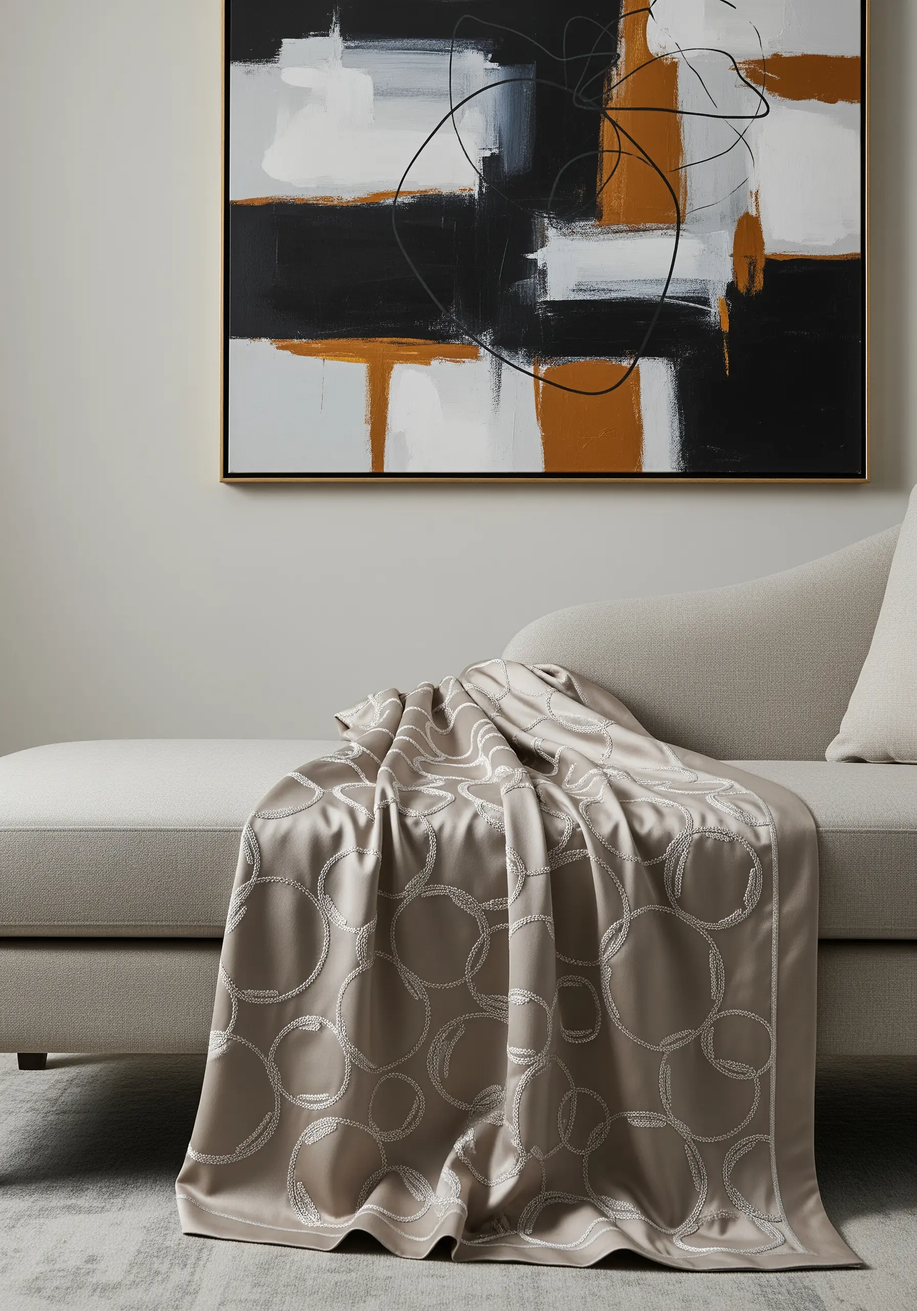 Interlocking embroidered circles in white on a silky, light brown throw blanket.
