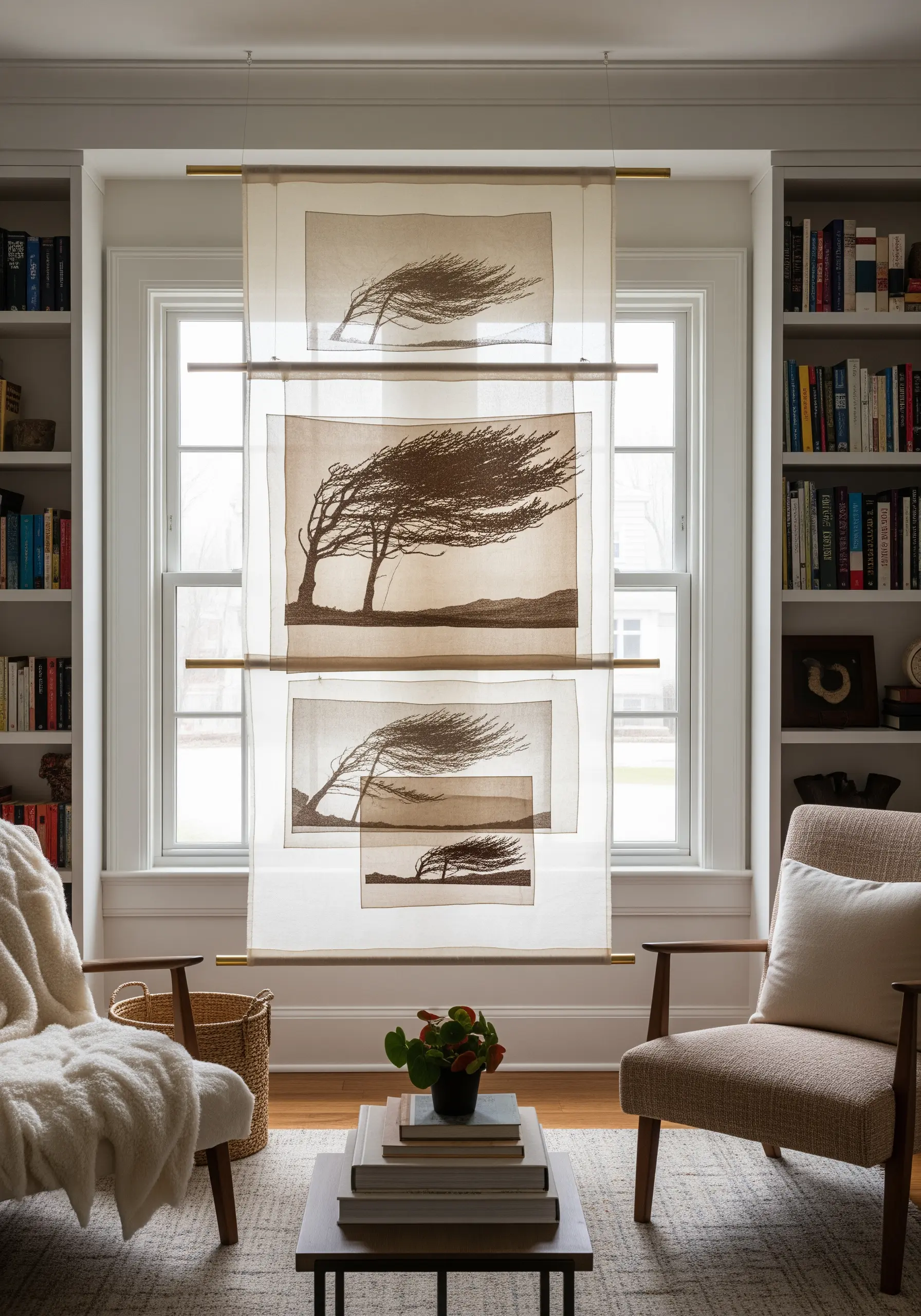 A multi-panel embroidery of a windblown tree on sheer fabric, hanging in a window.