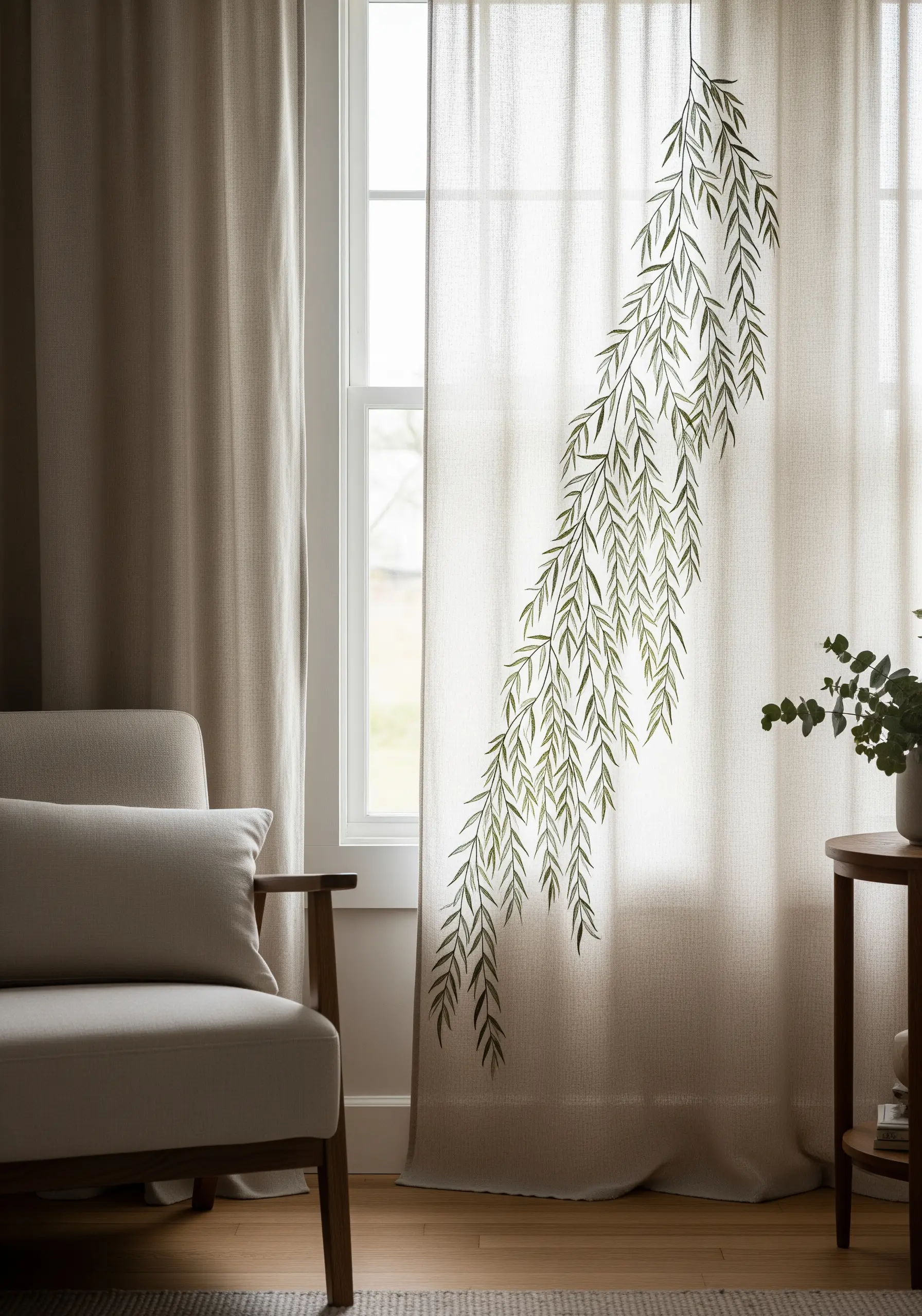 A delicate embroidery of a green weeping willow branch cascading down a sheer linen curtain.