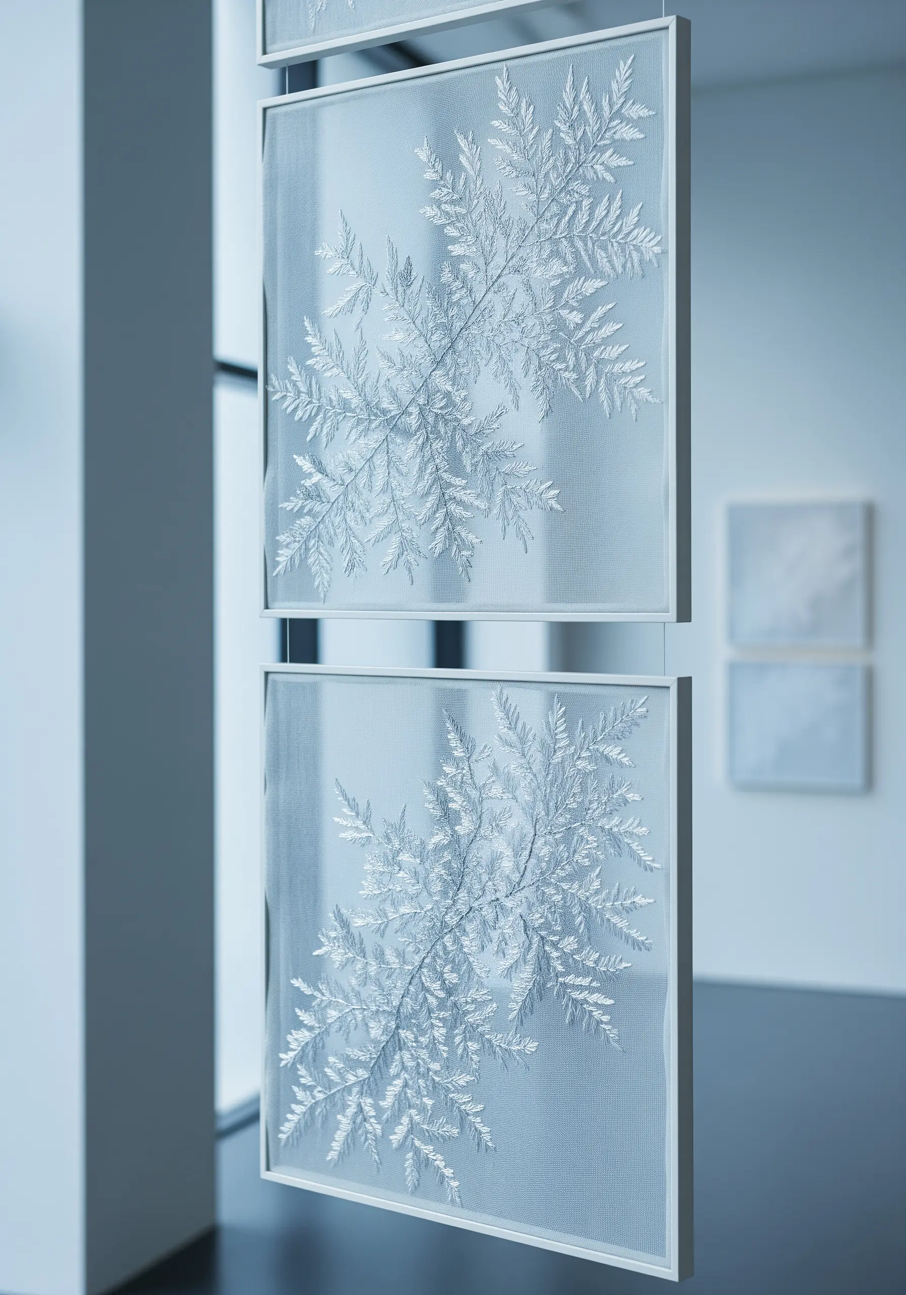 Delicate white fern embroidery on sheer fabric, framed as a hanging room divider.