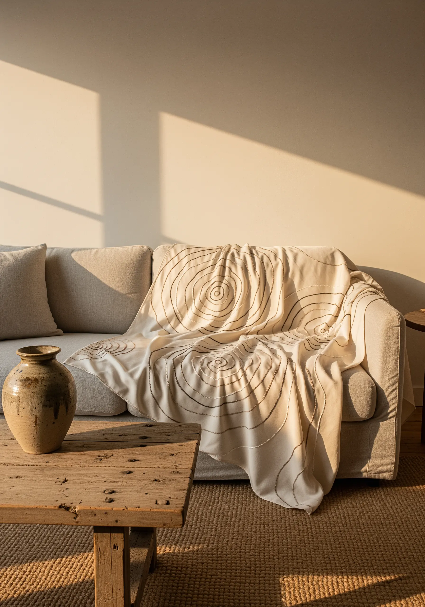 Hand-stitched concentric circles in brown thread on a light beige throw blanket.