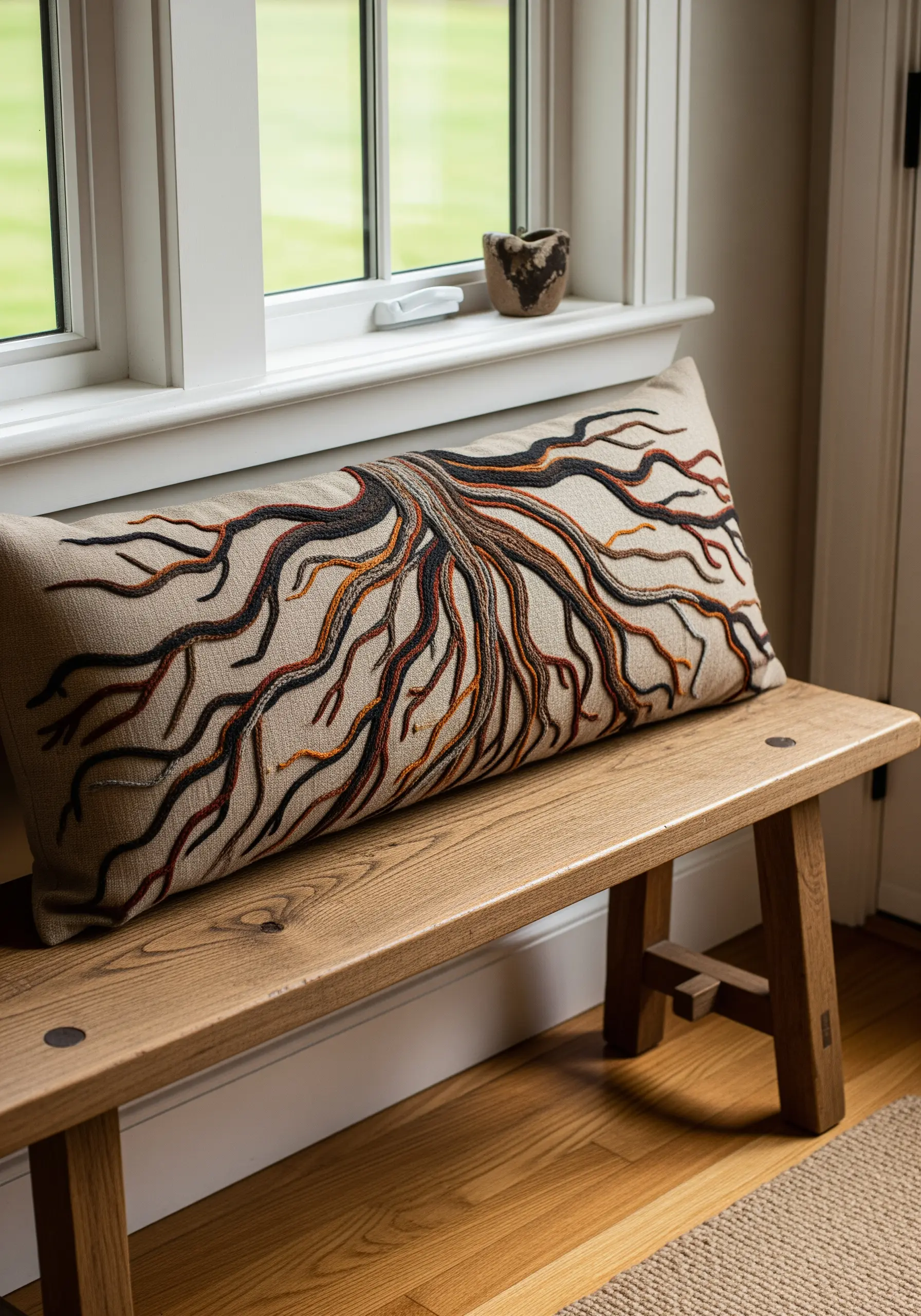 A long lumbar pillow embroidered with an intricate, sprawling tree root system.