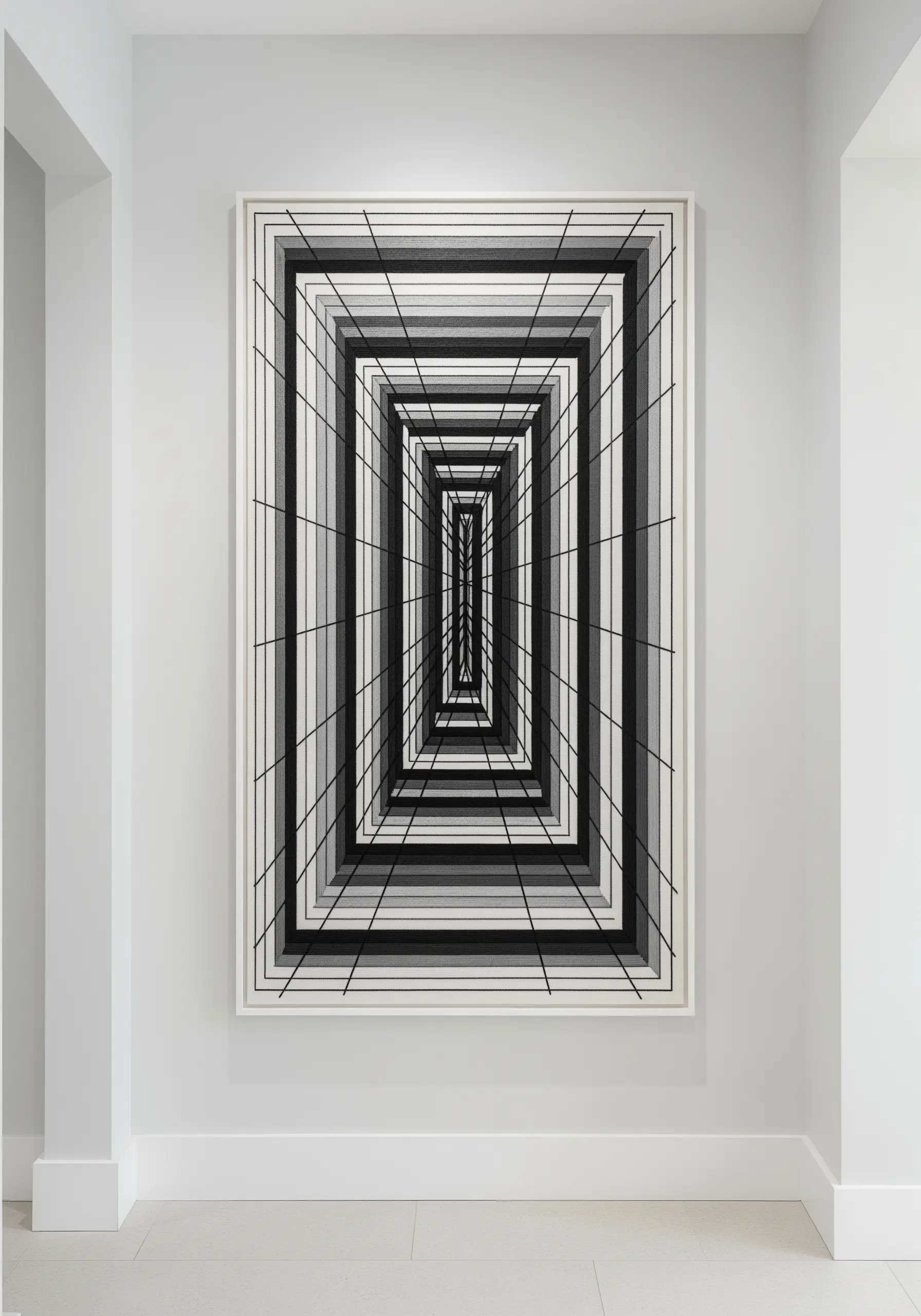 A framed optical illusion embroidery of a receding rectangular tunnel in grayscale.